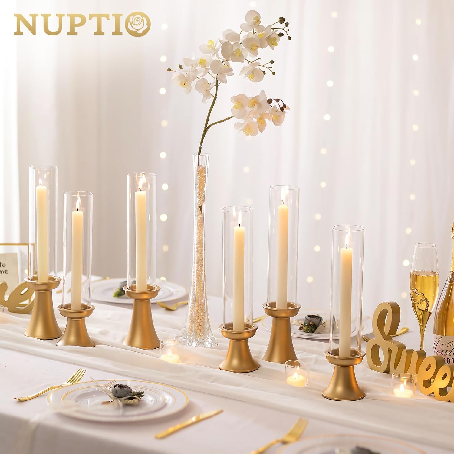 NUPTIO Gold Candlestick Holder for Centerpiece: Set of 6 Hurricane Taper Candle Holders with Glass Cylinder Sleeve