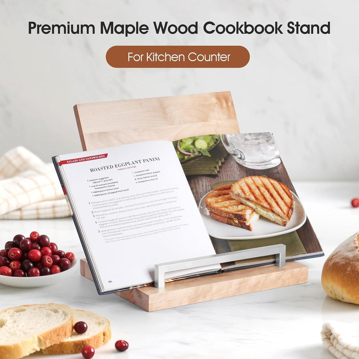 Cookbook Stand with Removable Cutting Board,Keeps Pages Open While Cooking | Recipe Book Holder Silver for Kitchen
