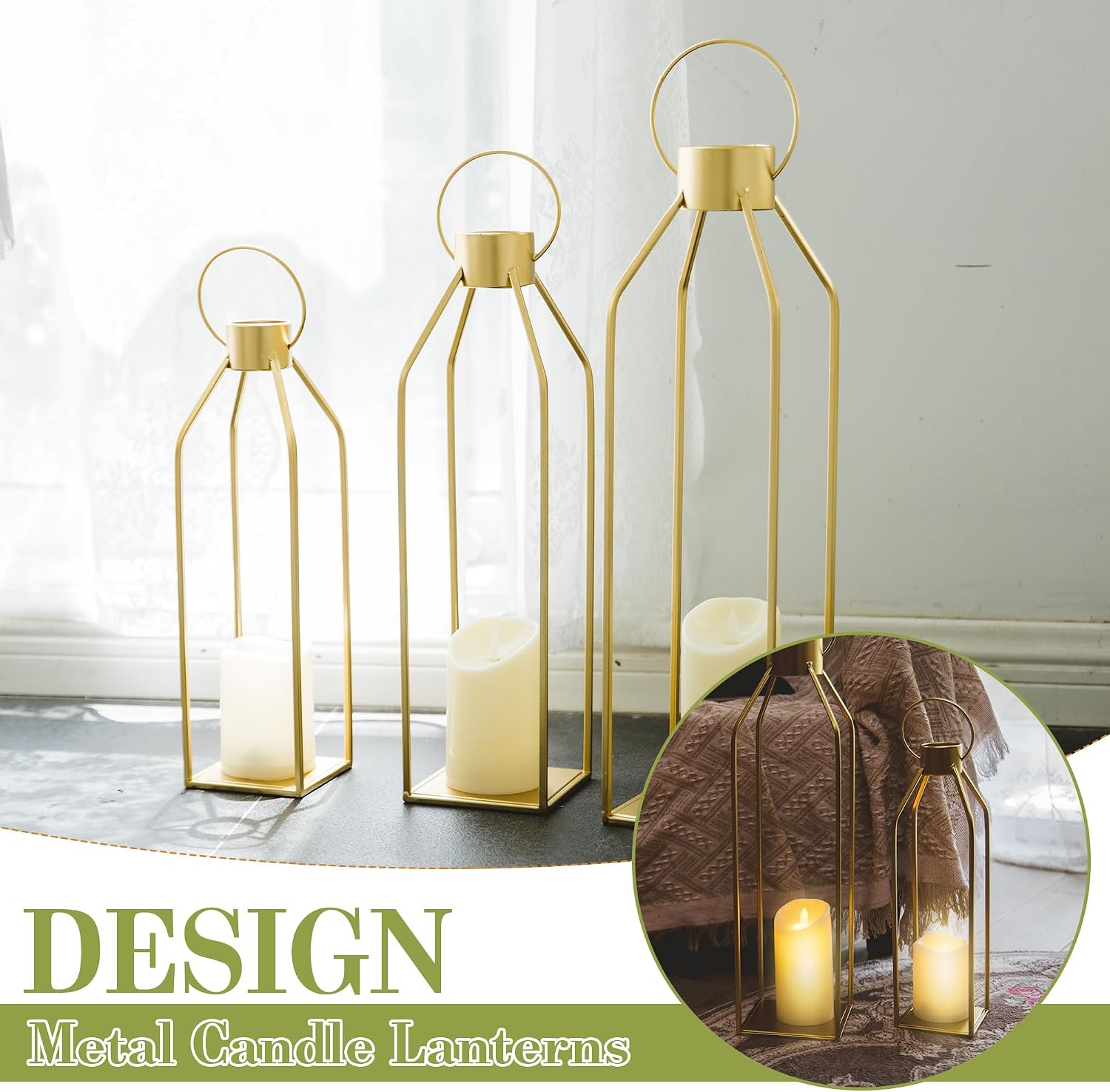 HPC DECOR Modern Farmhouse Lantern Decor- 22''19''16''Tall Large Gold Metal Candle Lanterns for Home Decor-Lanterns