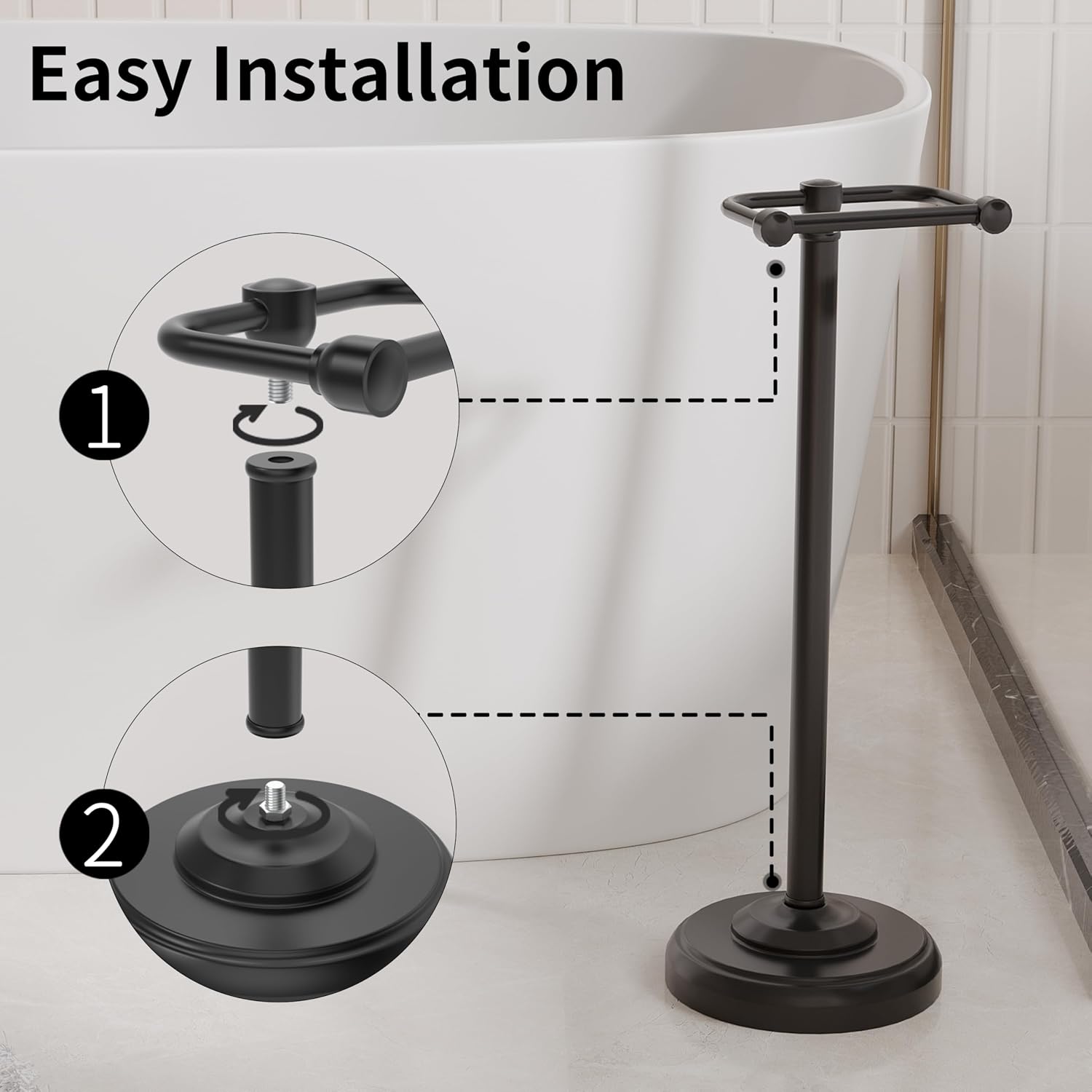 Toilet Paper Holder Stand, Matte Black Toilet Paper Holder Free Standing,Post Pivoting Design & Stable Weighted Base