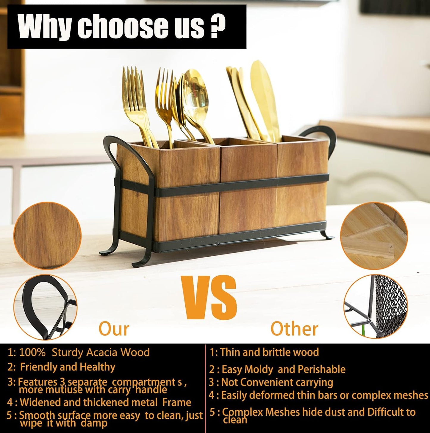 NelyBet Utensil Caddy Silverware Cutlery Holder with 3 Compartment, Wooden Utensil Crock Flatware Organizers with Metal
