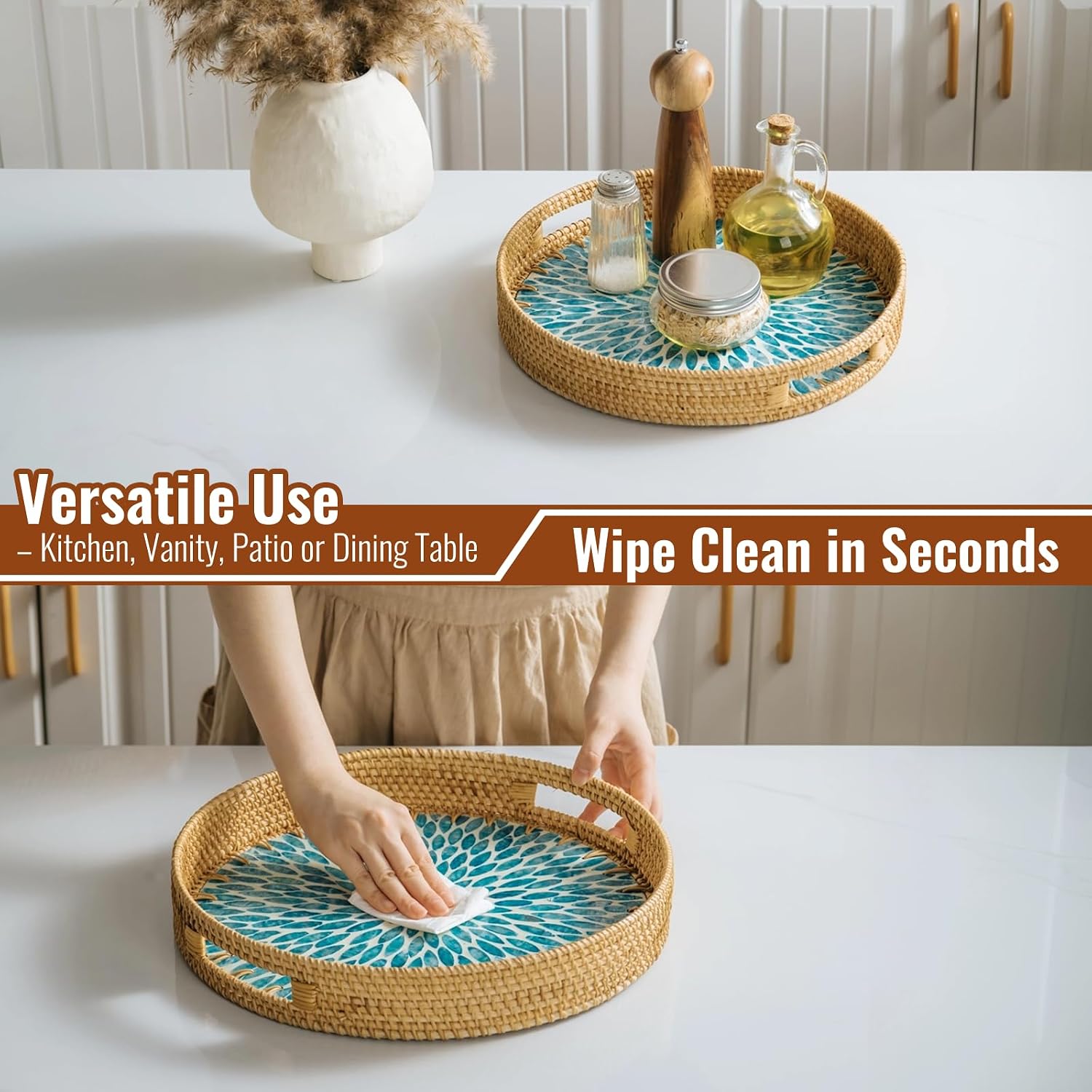in Round Rattan Serving Tray / Blue / 13.8 Inch
