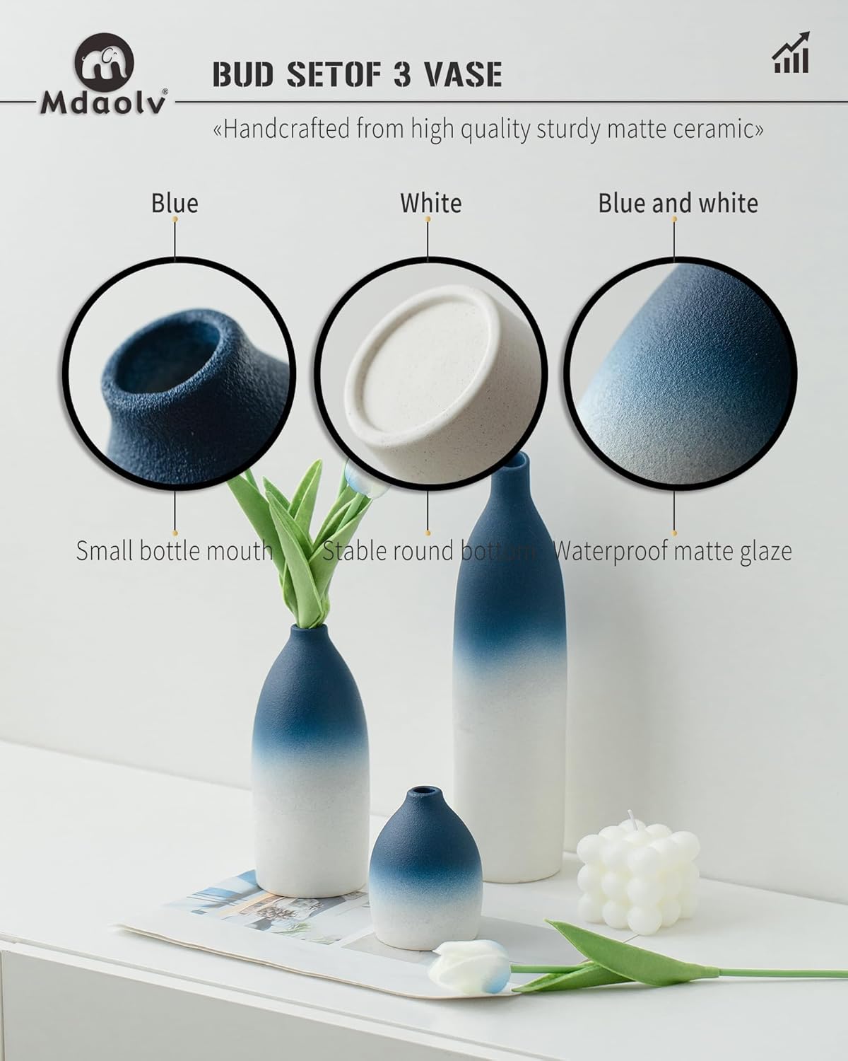 Blue and White Vase Set Navy Blue Decor Coastal Decor Vases / White and Blue