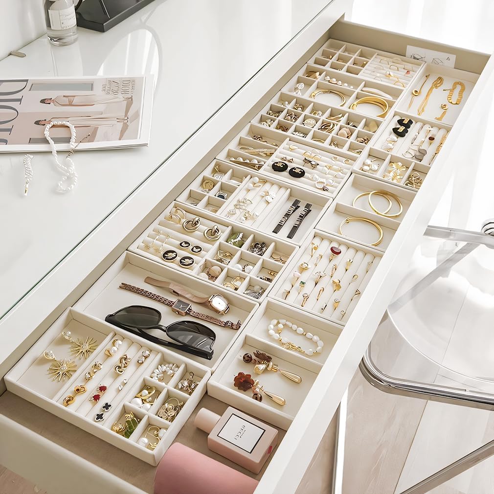 Jewelry Organizer Tray Drawer Inserts Stackable Velvet Liner Dividers / Beige / Set of 10