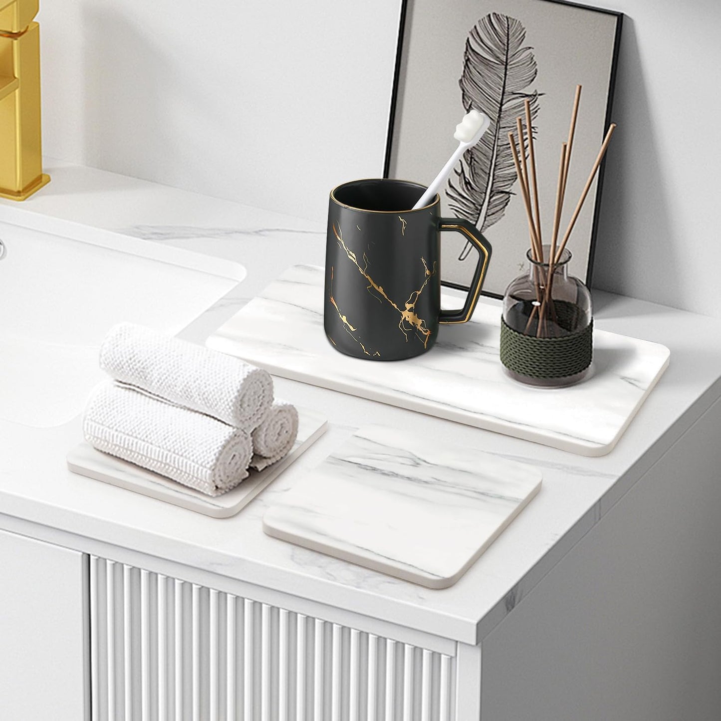 Water Absorbing Stone Drying Tray / White Marble / Set of 4