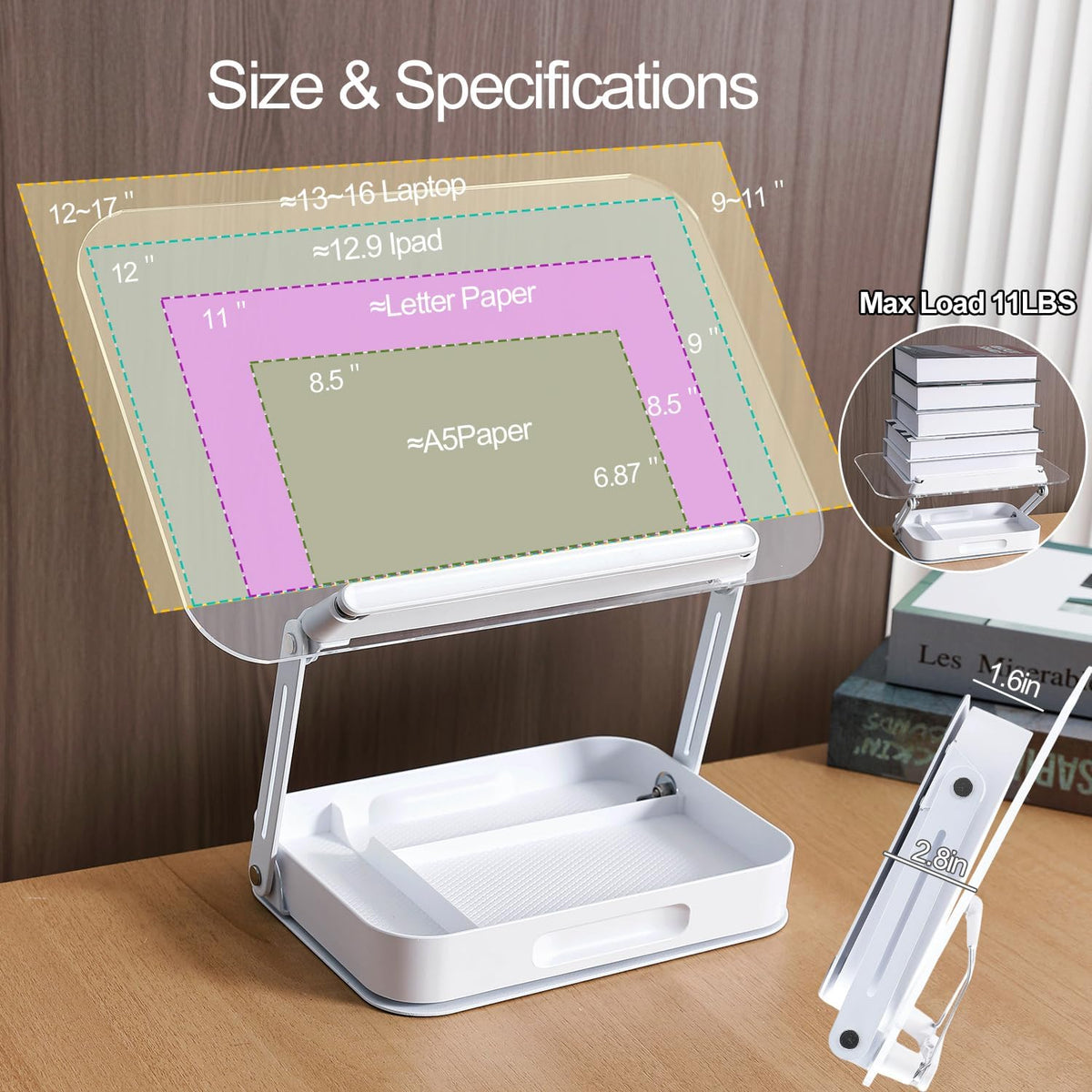 ZOEY Acrylic Book Stand for Reading Adjustable Book Holder with 360 Rotating Base and Storage Foldable Desktop Riser