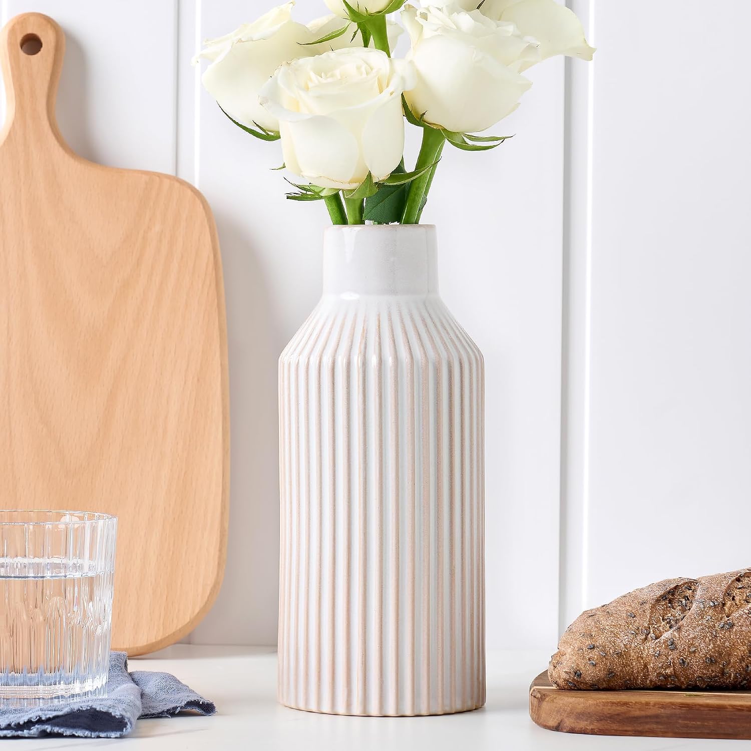 Beige Ceramic Vase / 1 White Beige / 8 Inch