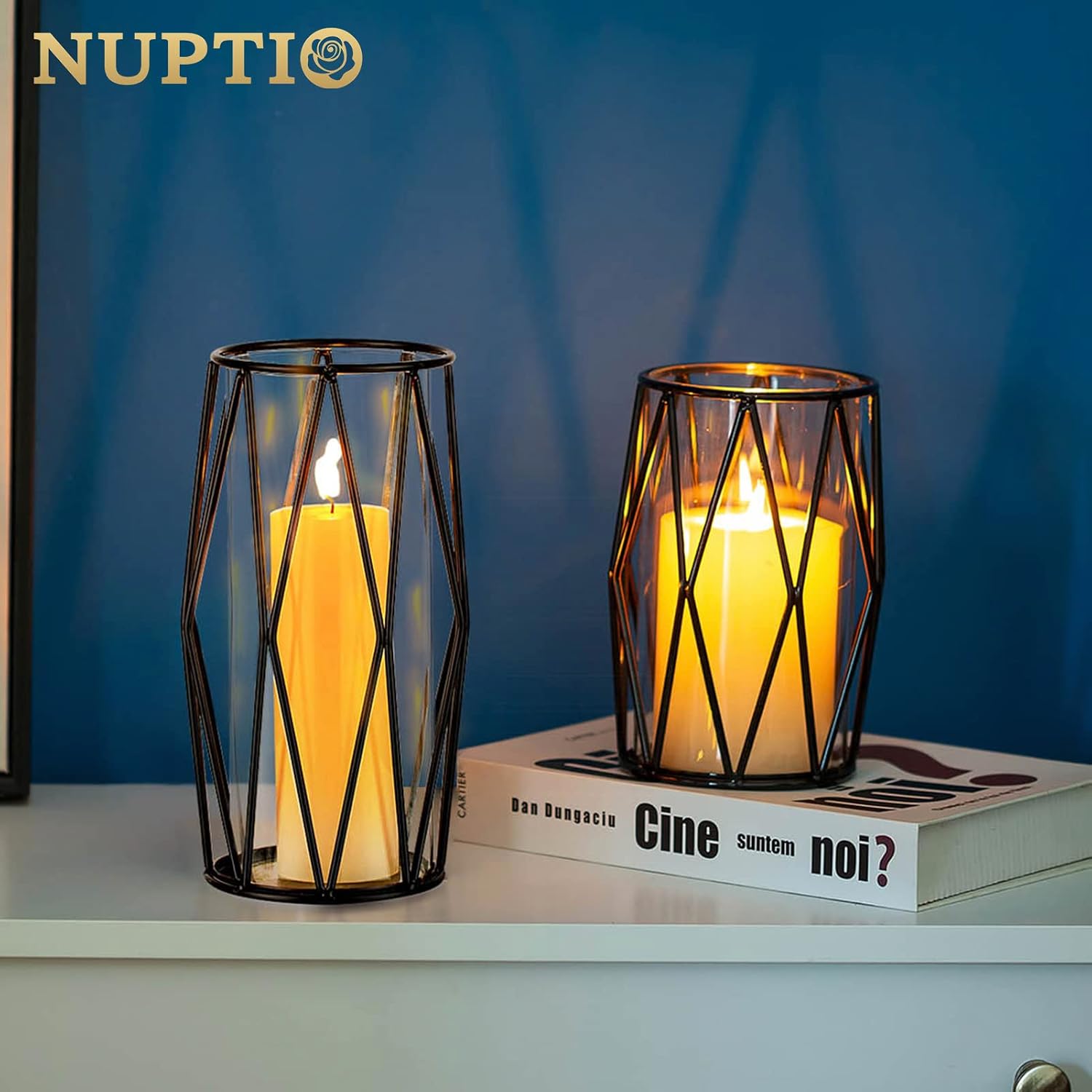 NUPTIO Black Geometric Hurricane Glass Candle Holders, Set of 2 | 2 Graduated Diamond Frames, Clear Cylinder Vases, for