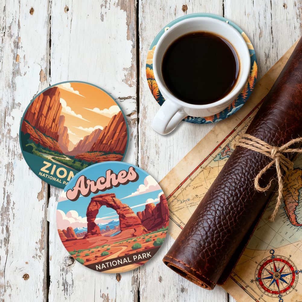 Coasters Pattern Colorful Wooden Coasters Bulk Round Housewarming Gift / National Park / Set of 9