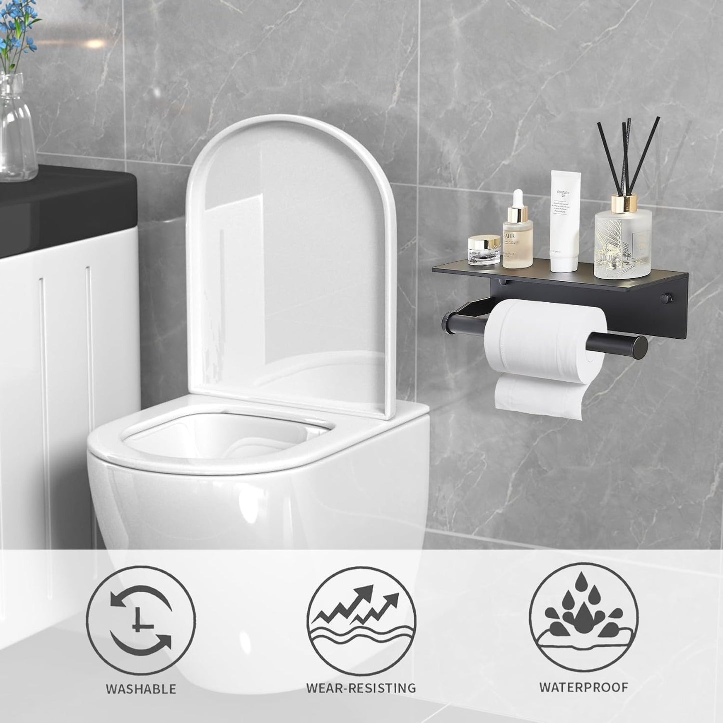 Black Paper Towel Holder Wall Mount with Thickened Shelf for Bathroom,Matte Black Adhesive Hand Towel Holder,Bathroom