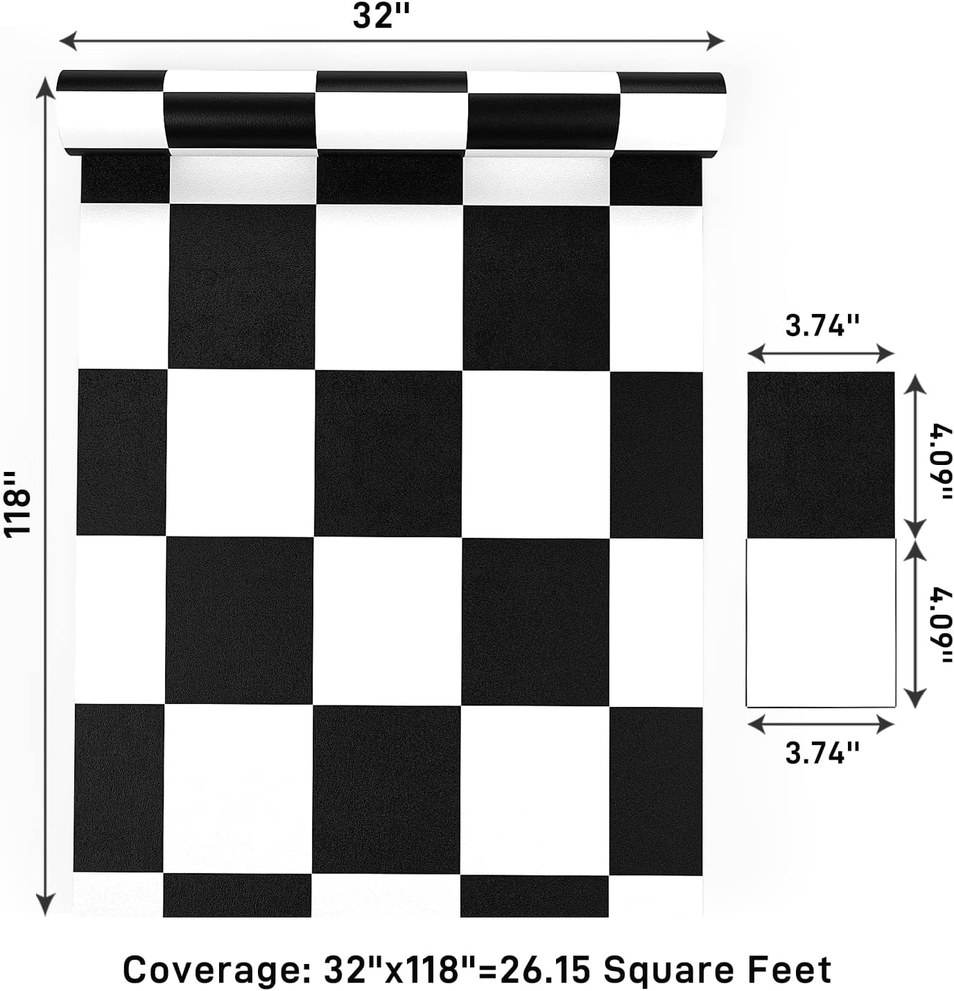 Thick Checkered Wallpaper 32''x118'' and White Peel and Stick Wallpaper Checkered / 32 x 118 / Black