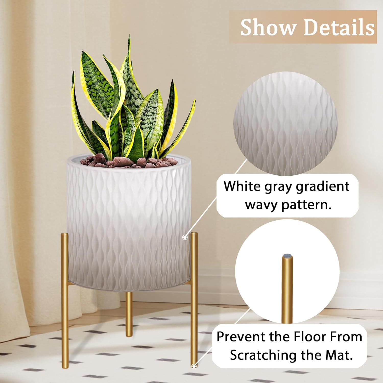 ARNIS Plants Pots with Stand, Set of 2 Indoor Planter Pots, Unique Mid Century Decorative Metal Flower Pots with