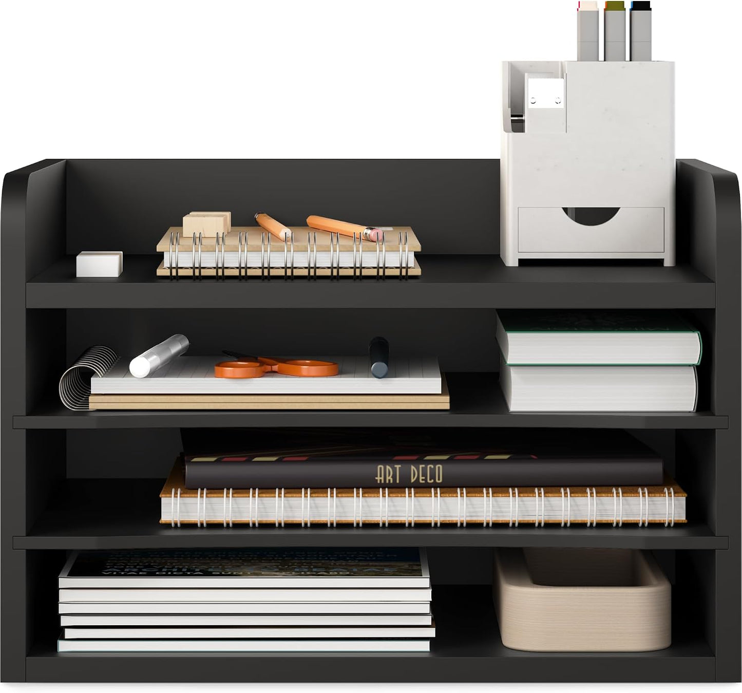 Ballucci File Organizer, 4-Tier Office Desk Organizer, Open Top Wood Paper Organizer for Classroom, Mail Sorter Paper