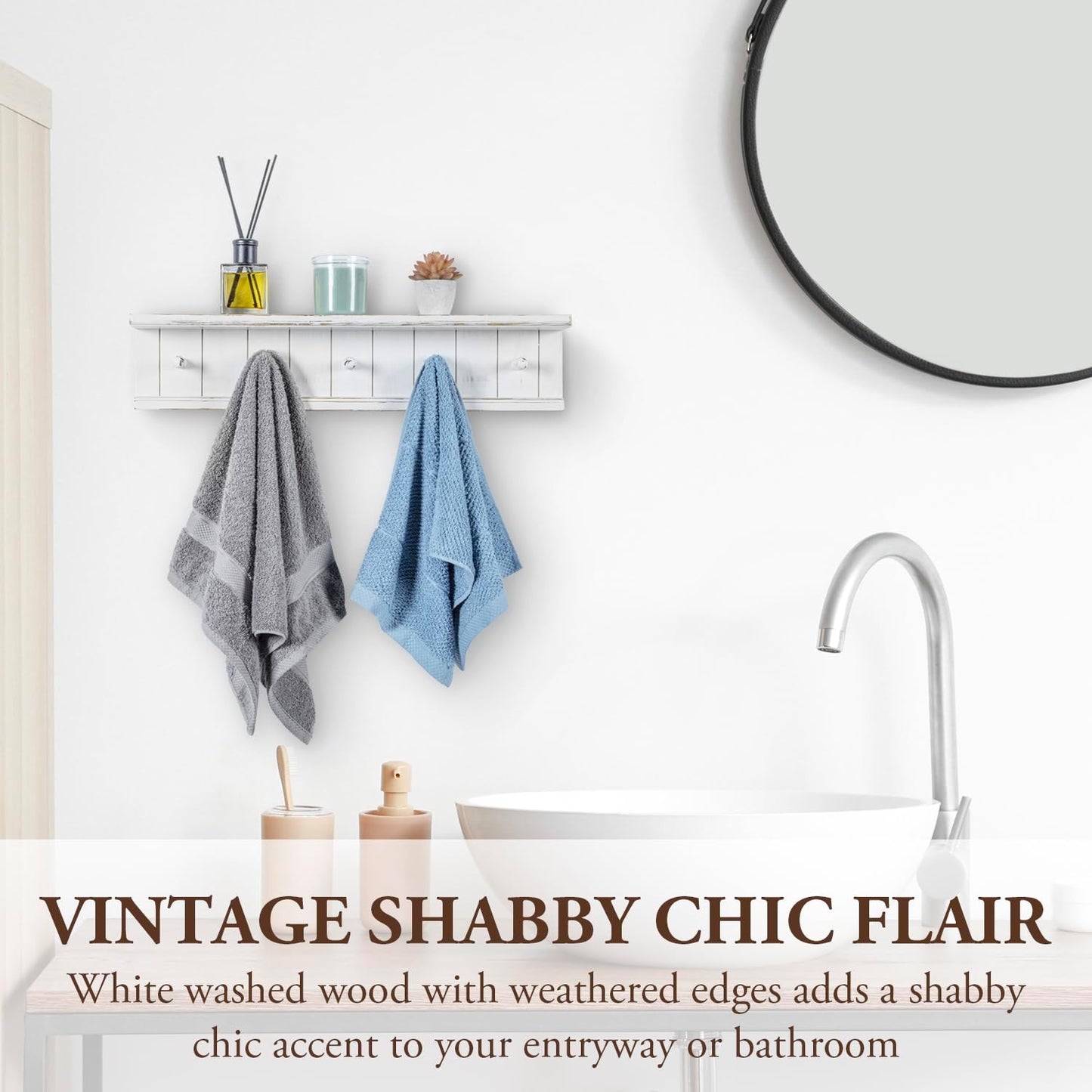 MyGift Wall Mounted White Wood Bathroom Shelf with 5 Hooks Towel Rack | Open Display Shelving with Five Hanging Pegs