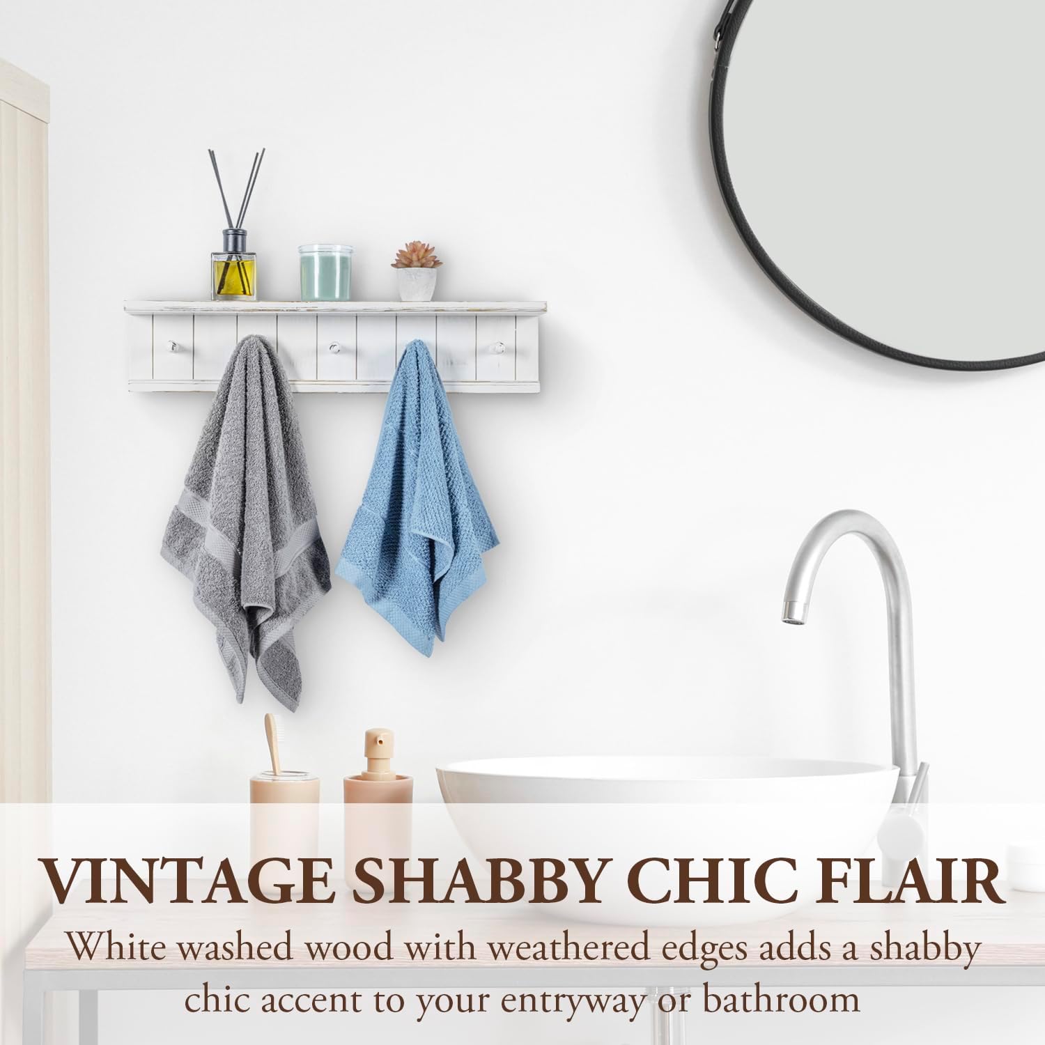 MyGift Wall Mounted White Wood Bathroom Shelf with 5 Hooks Towel Rack | Open Display Shelving with Five Hanging Pegs
