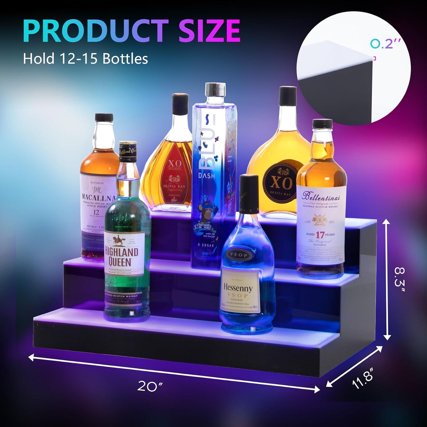 Led Lighted Liquor Bottle Display Shelf, 20 Inch 3 Tier Whiskey Rack, Support USB, Bar Stand with RF Remote & App