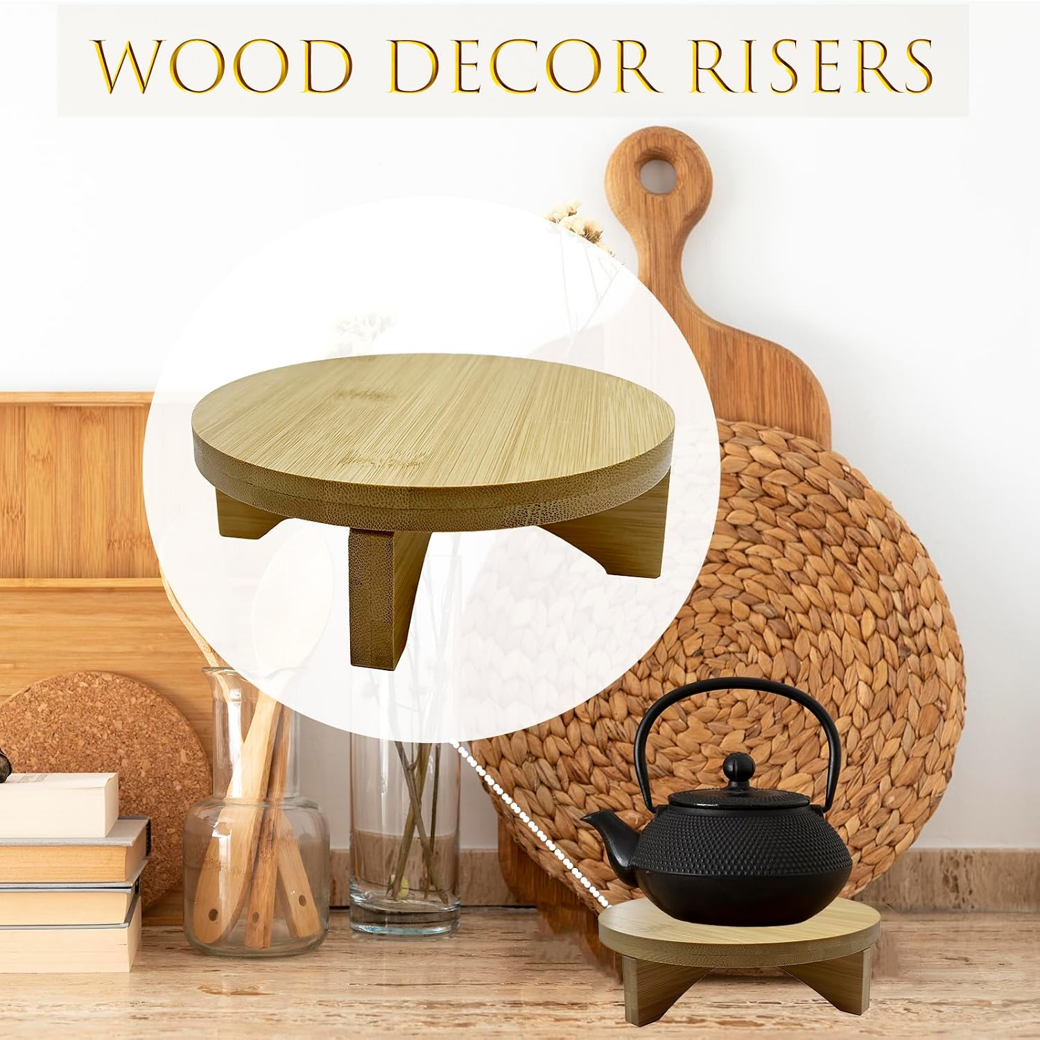 Short Round Wooden Plant Stand Indoor Desktop Flower Pedestal Stand Wood Decor Risers / 6 Inch