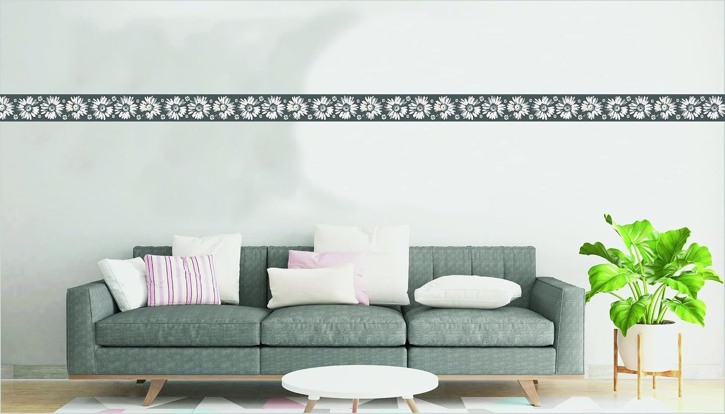 Wallpaper Border Peel and Stick DDAZBD9159 Floral White Sunflowers Wall Border Retro / Grey / 15 ft