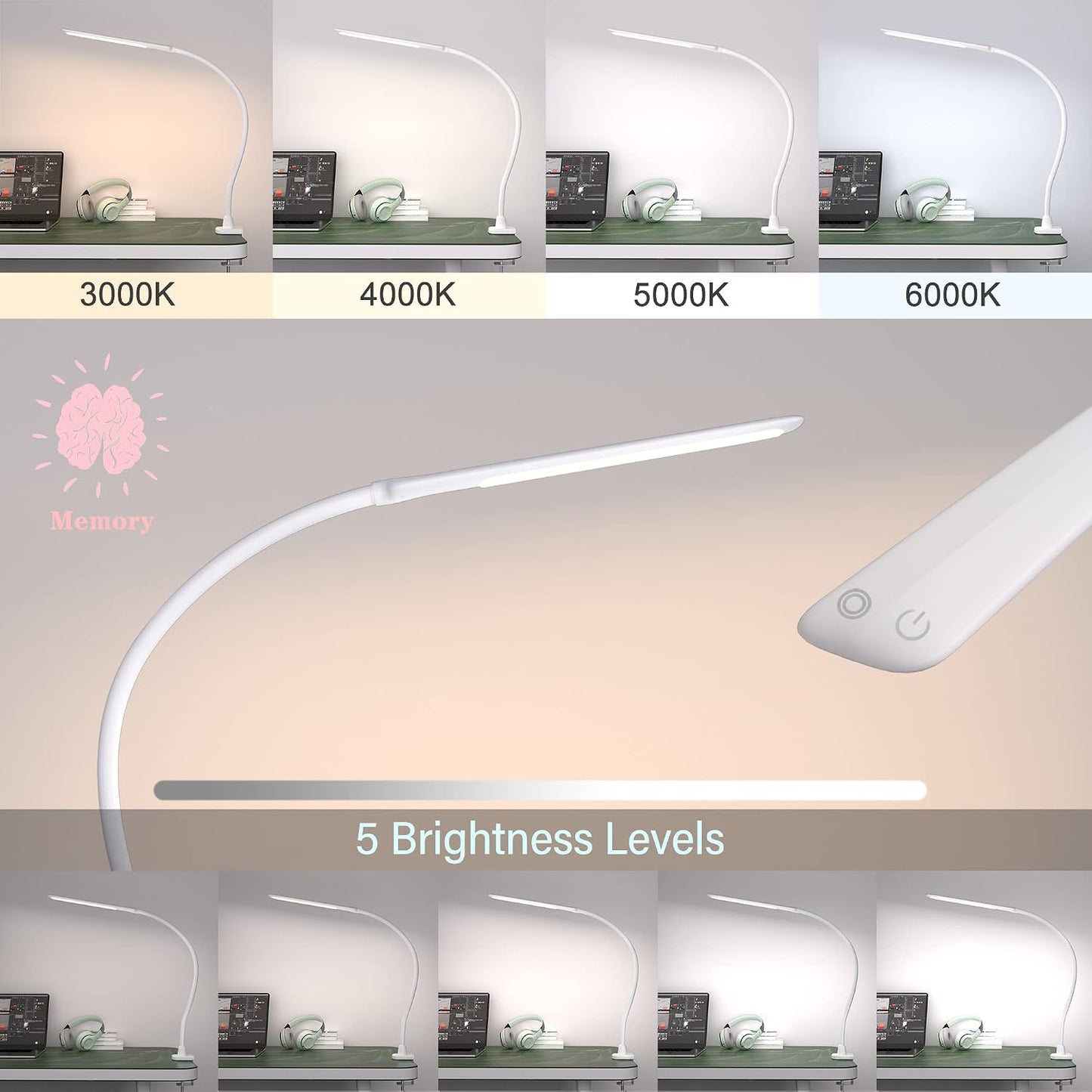 LED Desk Lamp With Clamp, 10W Gooseneck Lamps Touch Control,Swing Arm Clamp Lamp, Architect Clamp Desk Lamp