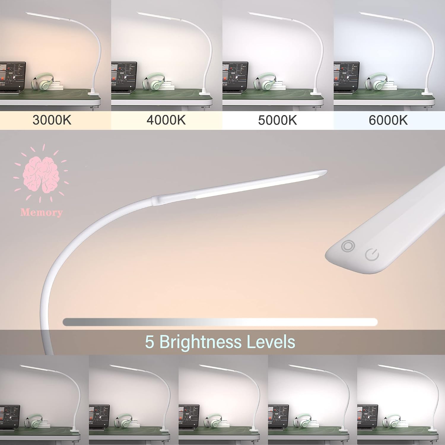 LED Desk Lamp With Clamp, 10W Gooseneck Lamps Touch Control,Swing Arm Clamp Lamp, Architect Clamp Desk Lamp