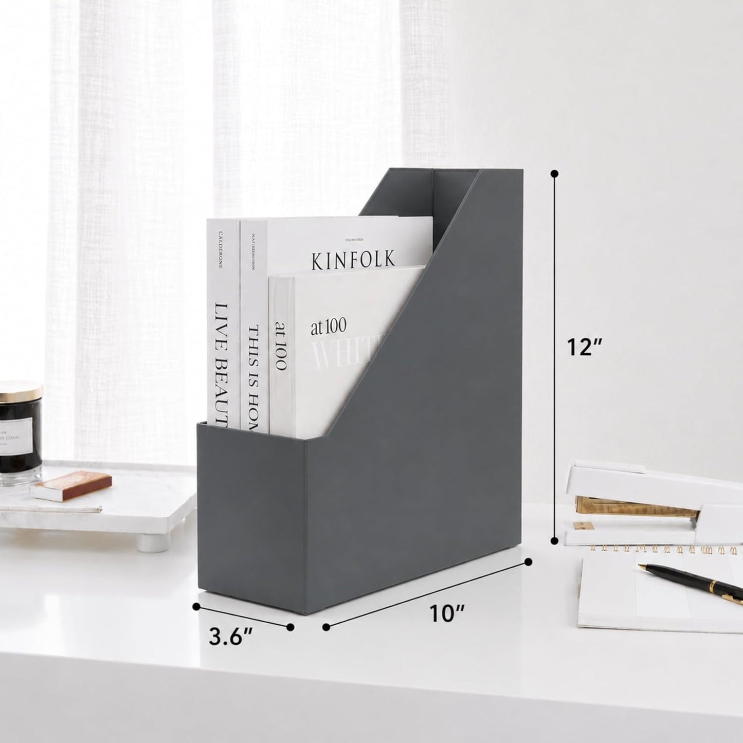 BLU MONACO | Set of 6 Foldable Grey Magazine File Holders with Gold Label Holders | Vertical File Organizer Boxes for