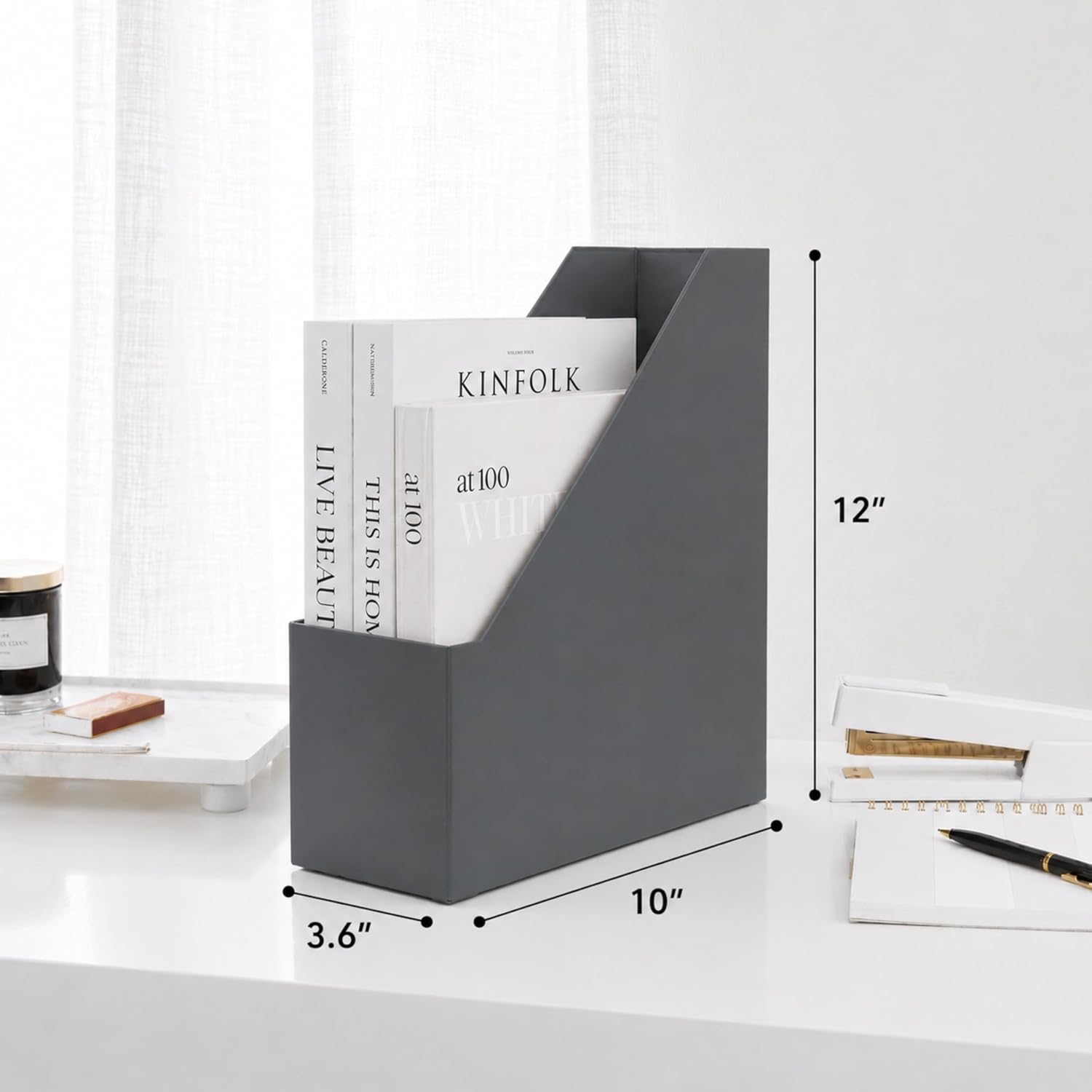 BLU MONACO | Set of 6 Foldable Grey Magazine File Holders with Gold Label Holders | Vertical File Organizer Boxes for