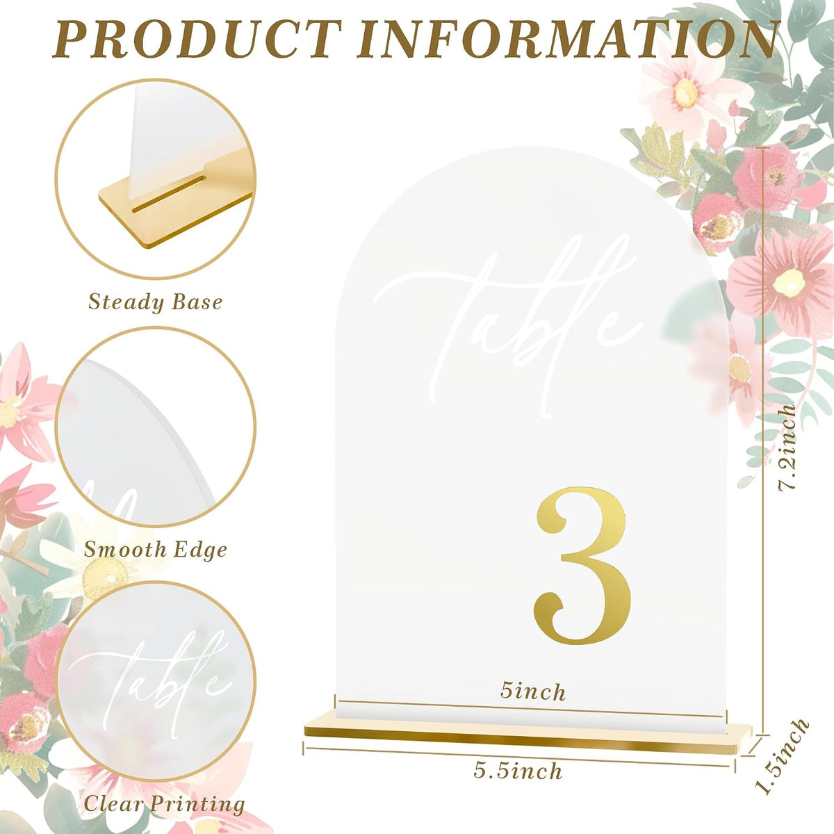 Frosted Wedding Table Numbers 1-15 with Stands - 5.5x7 Inch | Arch table Signs, Non-reflective, Elegant Gold 3D