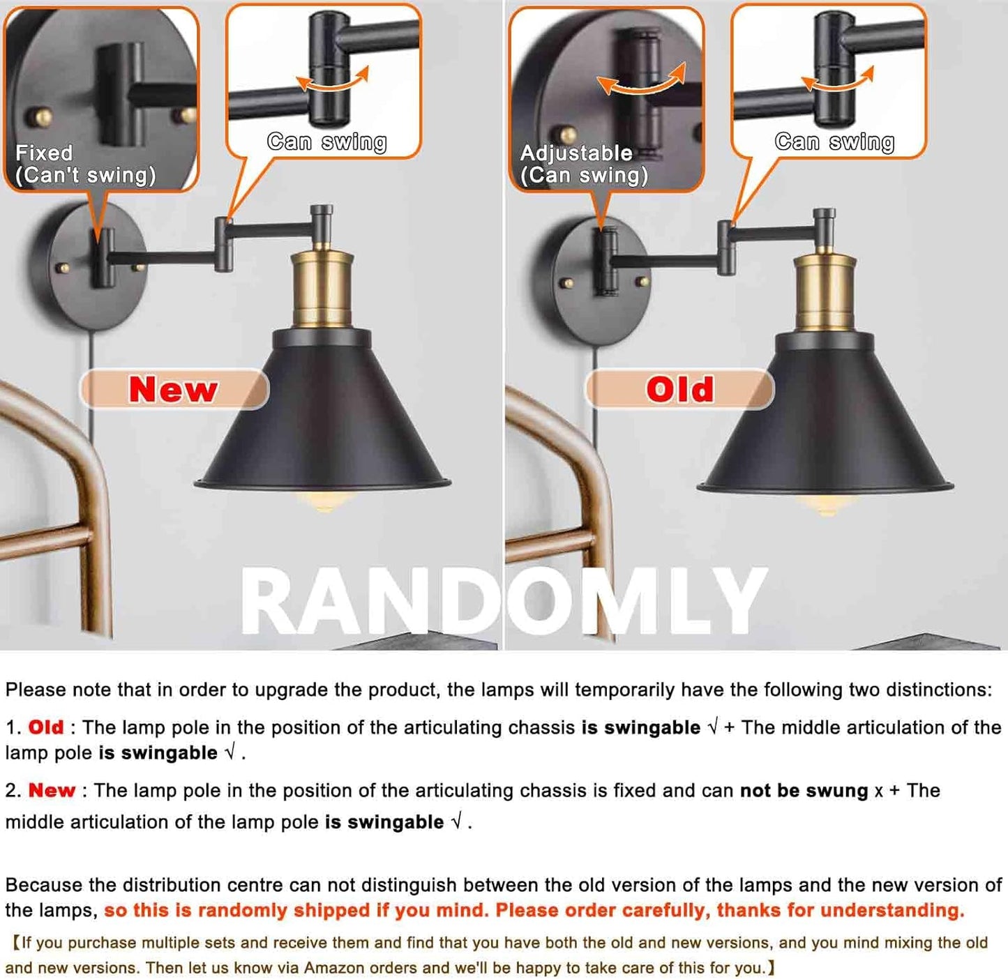 Swing Arm Wall Lamp Plug-in Cord Industrial Wall Sconce, Bronze and Black Finish,with On/Off Switch, E26 Base,1-Light