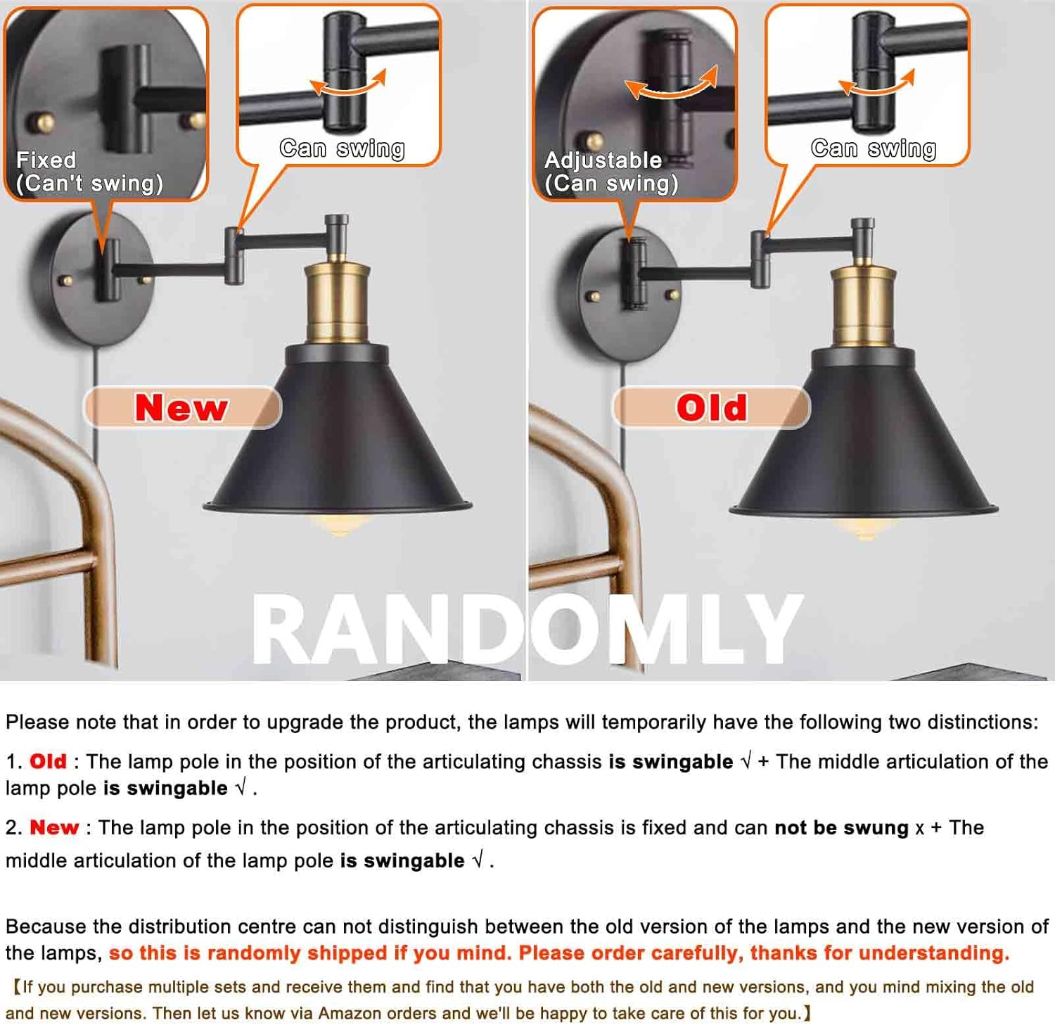 Swing Arm Wall Lamp Plug-in Cord Industrial Wall Sconce, Bronze and Black Finish,with On/Off Switch, E26 Base,1-Light