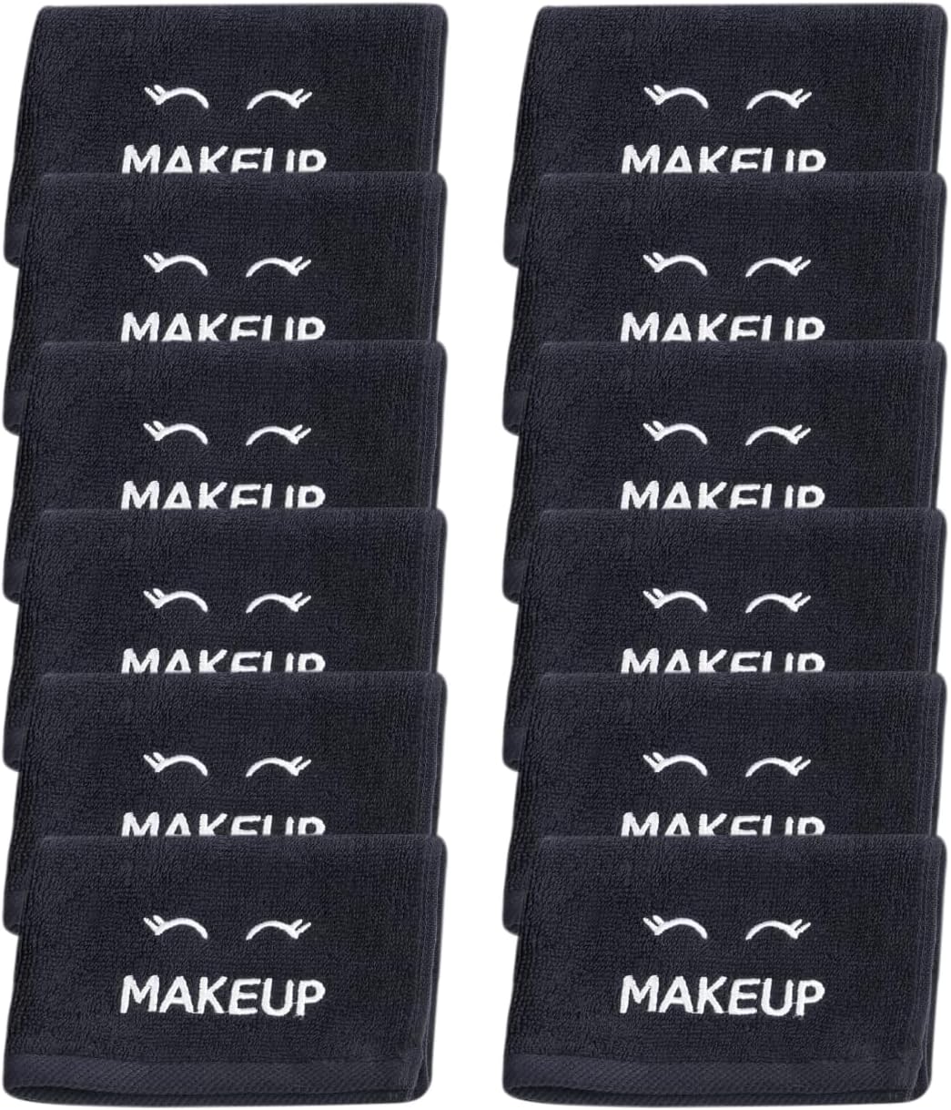 White Classic Bleach Safe Black Makeup Washcloths for Face Cleansing, 12 Pack - Super Soft Luxury Cotton Black Makeup