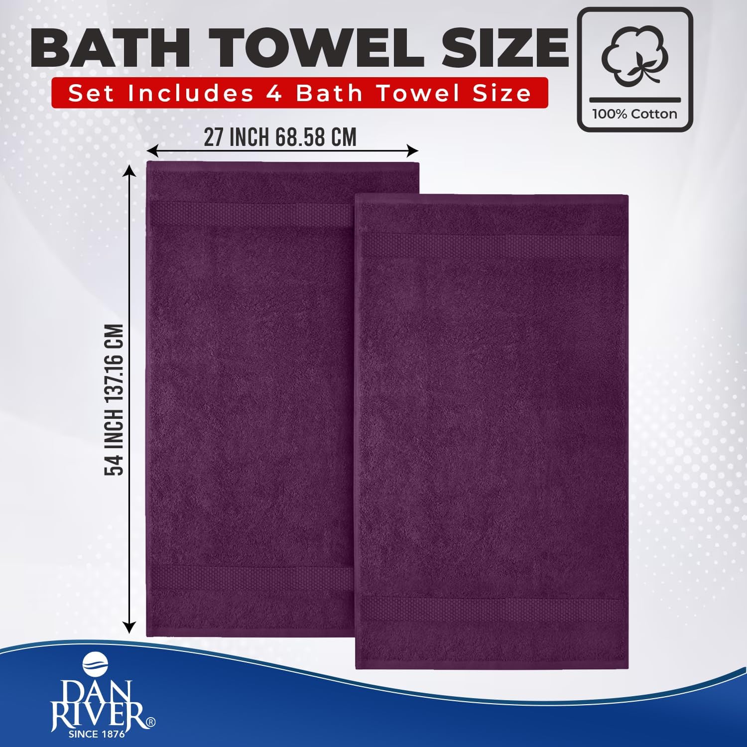 DAN RIVER 600 GSM Cotton Large Bath Towels Set of 4, 27 x 54 Inches, Purple | Larger & Lighter Weight Towels for