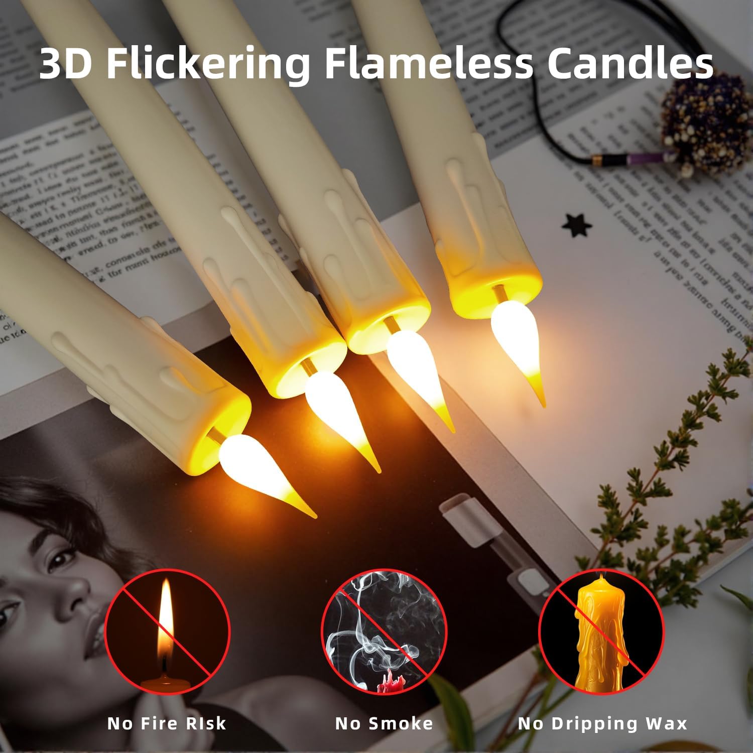 9.9-Inch Rechargeable Flameless Taper Candles, 60+ Hours Runtime, Remote & Timer, Flickering LED, Safe for Home &