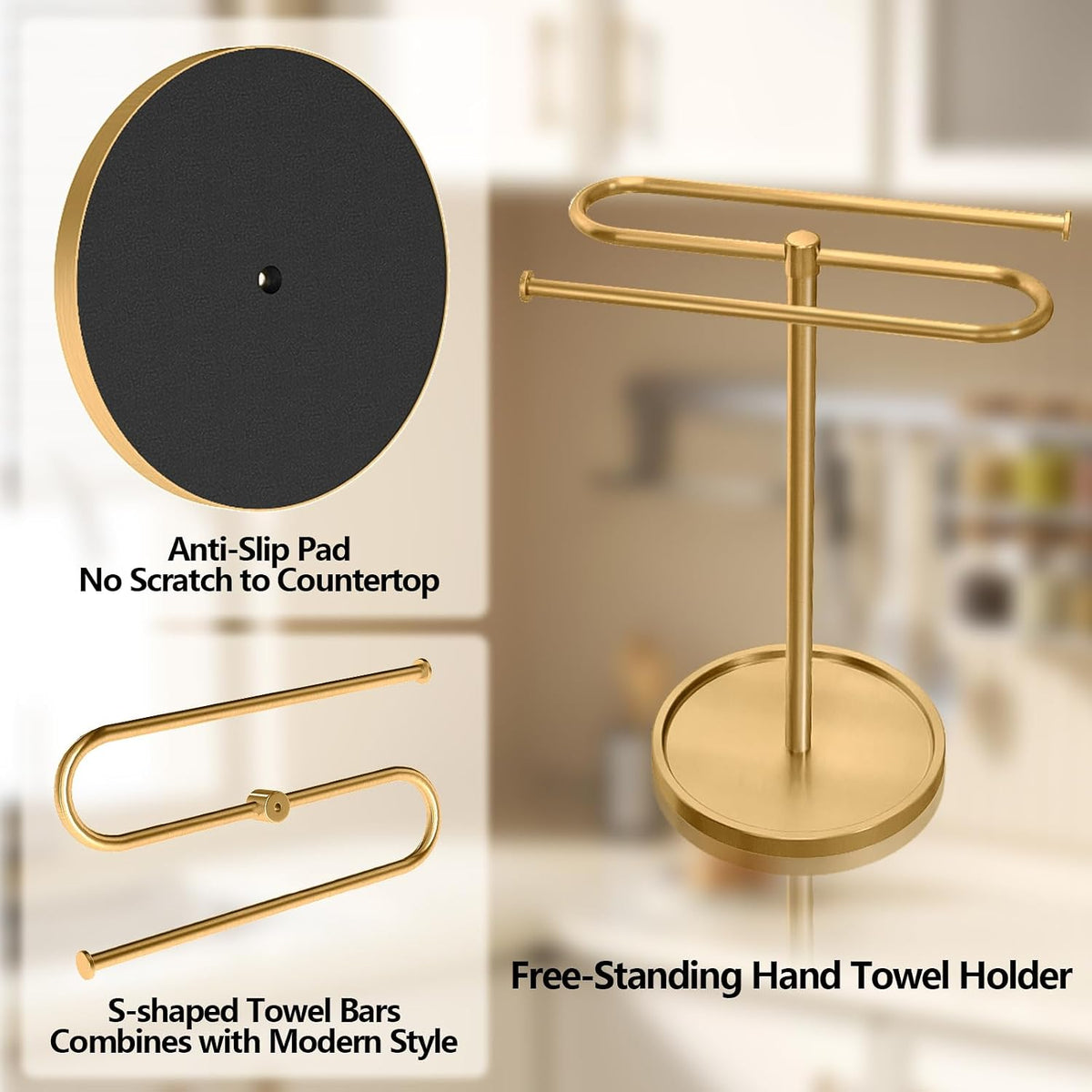 Bethom Bathroom Hand Towel Holder Stand Gold, S-Shape Kitchen Towel Rack | Stainless Steel Countertop Towel Standing