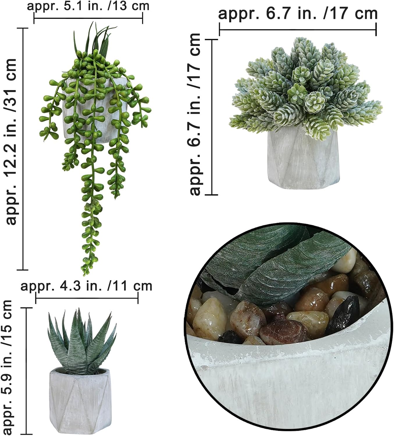 Mini Artificial Succulent Plants Potted Small Fake Aloe Hops String of Pearls / Gray / Set of 3