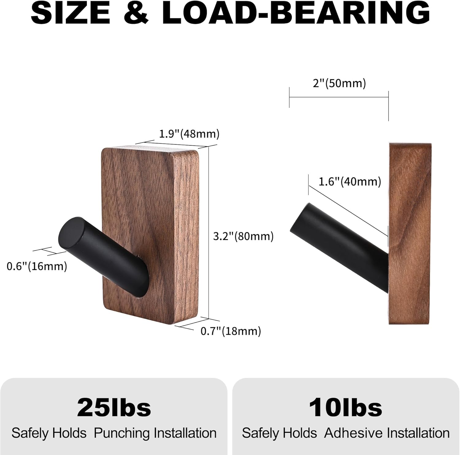 Wooden Wall Hooks for Hanging / 3.1 Inches / Set of 4