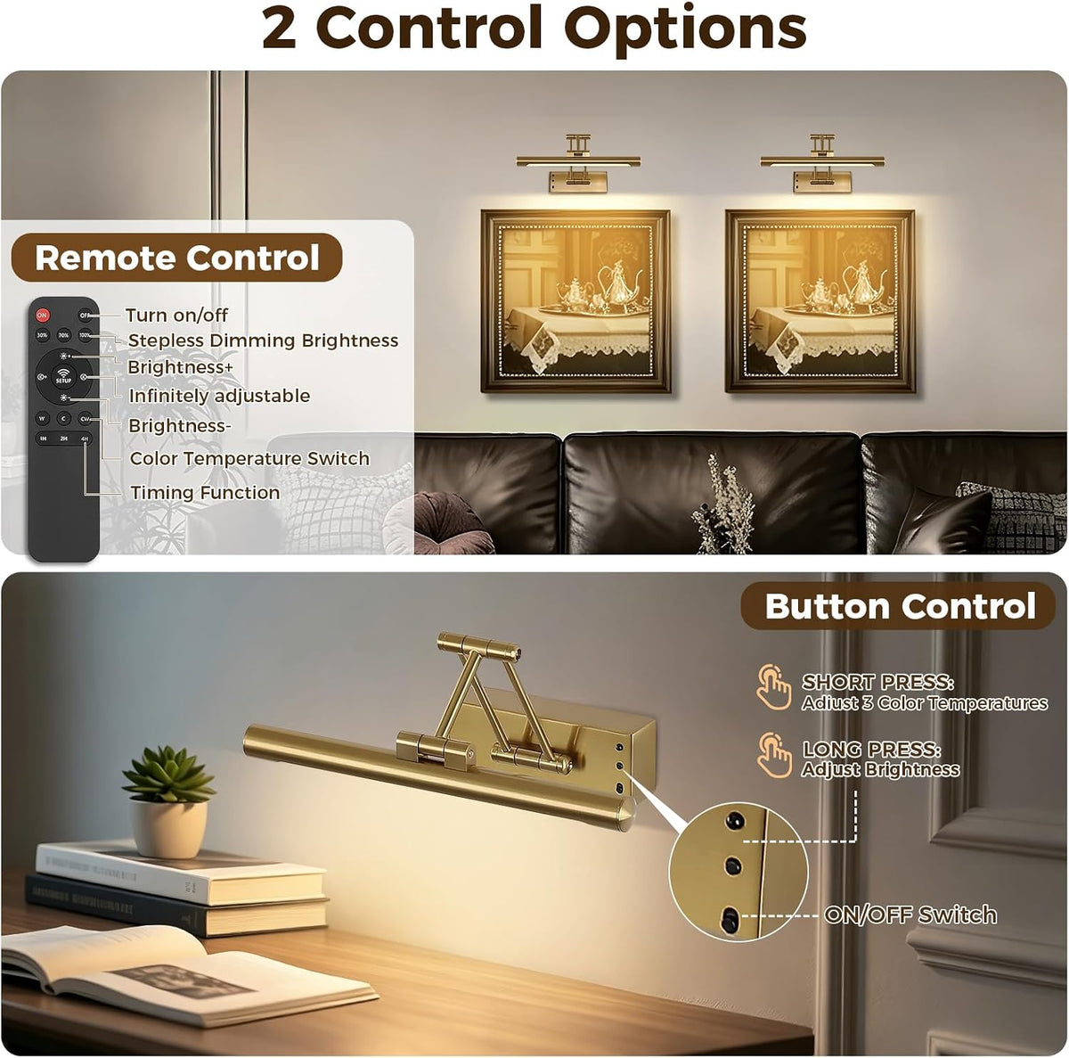 Picture Lights for Wall Battery Operated, Rechargeable Art Light Wireless | Dimmable Gallery Light with Remote and