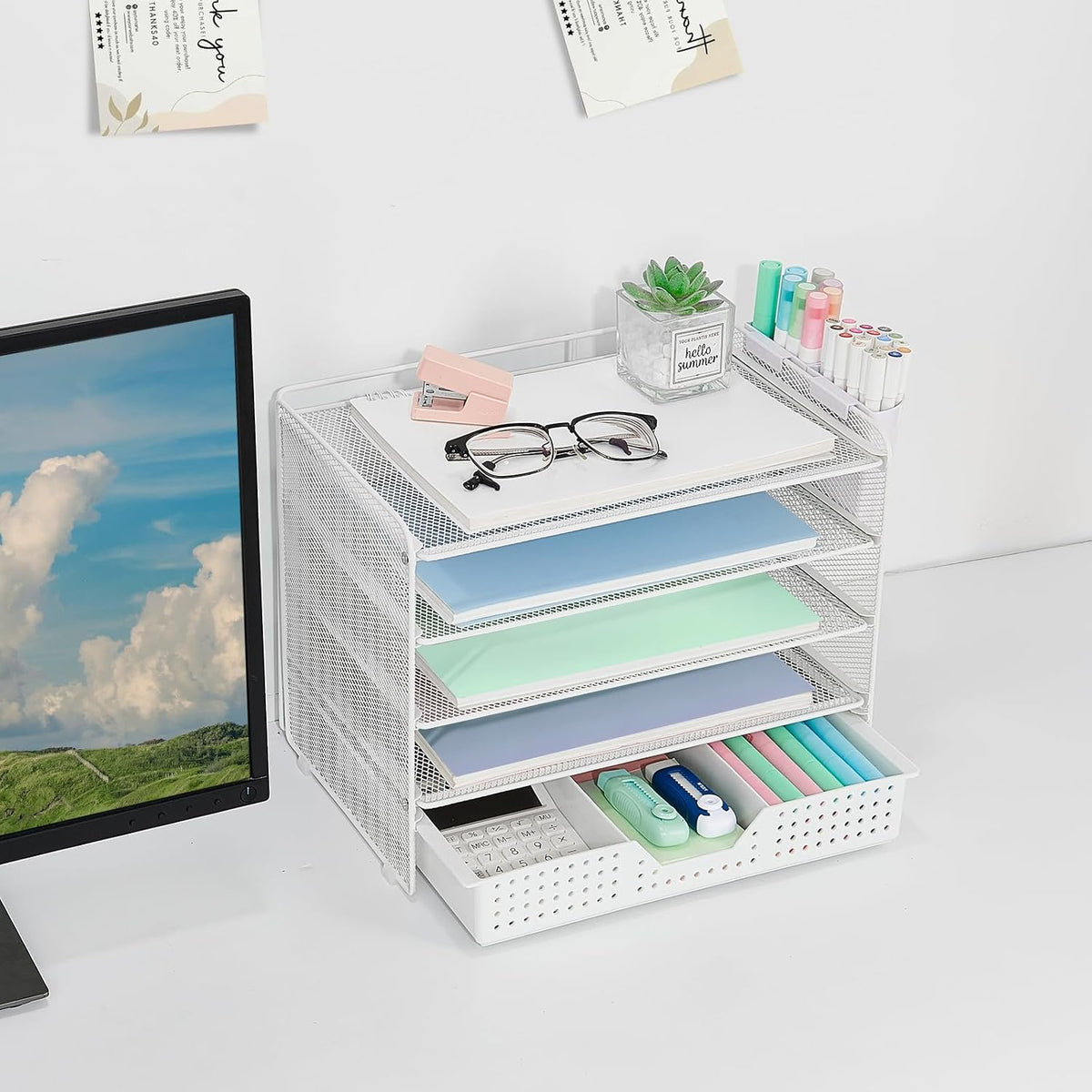 LEKETREE Desk Organizer and Accessories, 5-Tier Paper Letter Tray Organizer with Drawer & 2 Pen Holders for Desktop