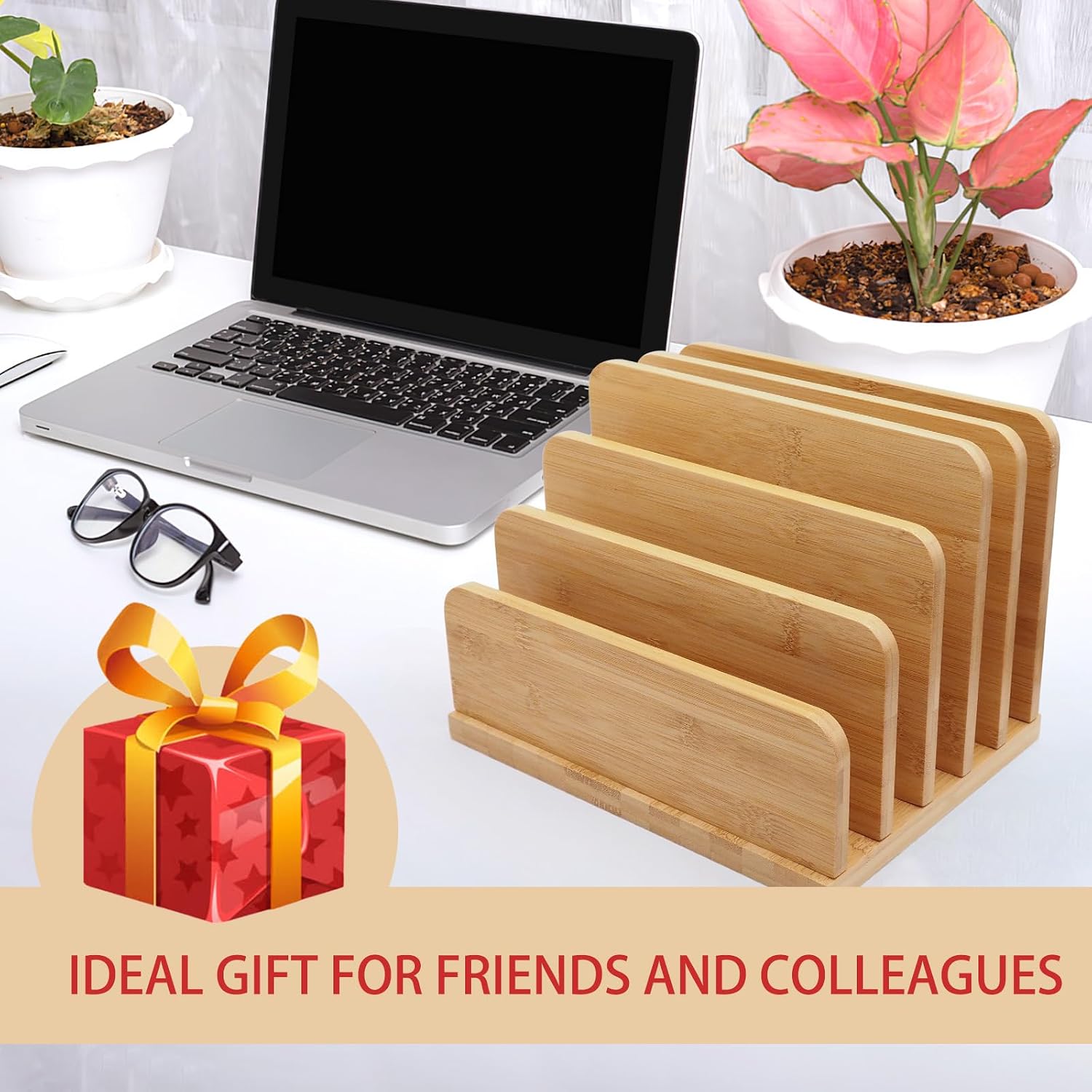Desk File Mail Organizer Countertop, 5 Slots Bamboo Folder Sorter Holder for Letter, Envelope, Paper, Bill Filing
