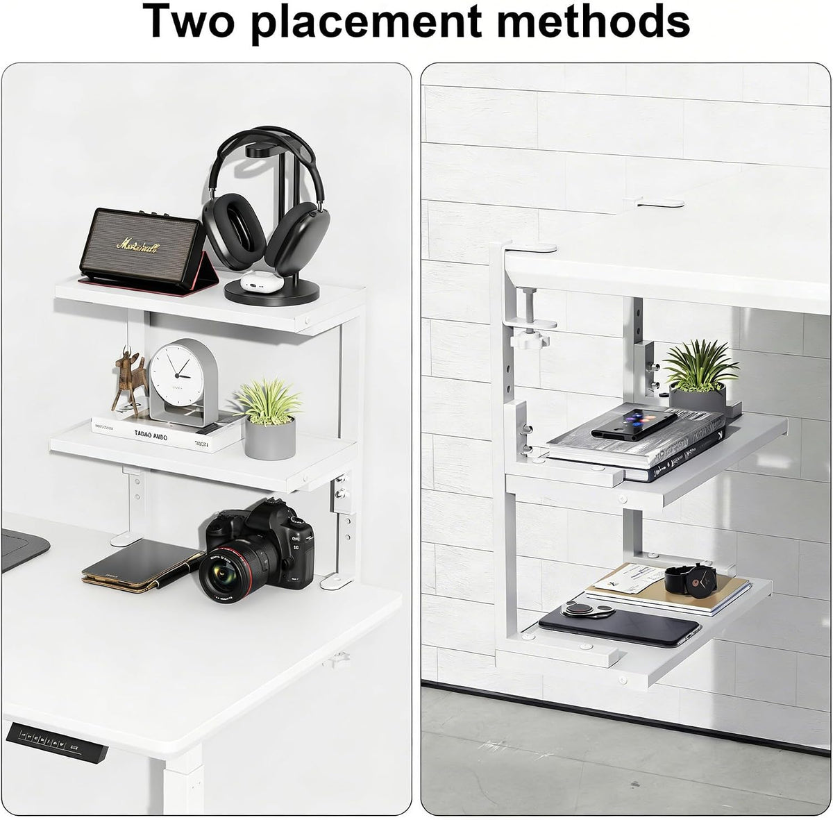 Spacrea Clamp on Desk Shelf, 2 Tier Office Desk Shelves Organizer, Wood Desktop Supplies Storage Rack, Desk Organizers