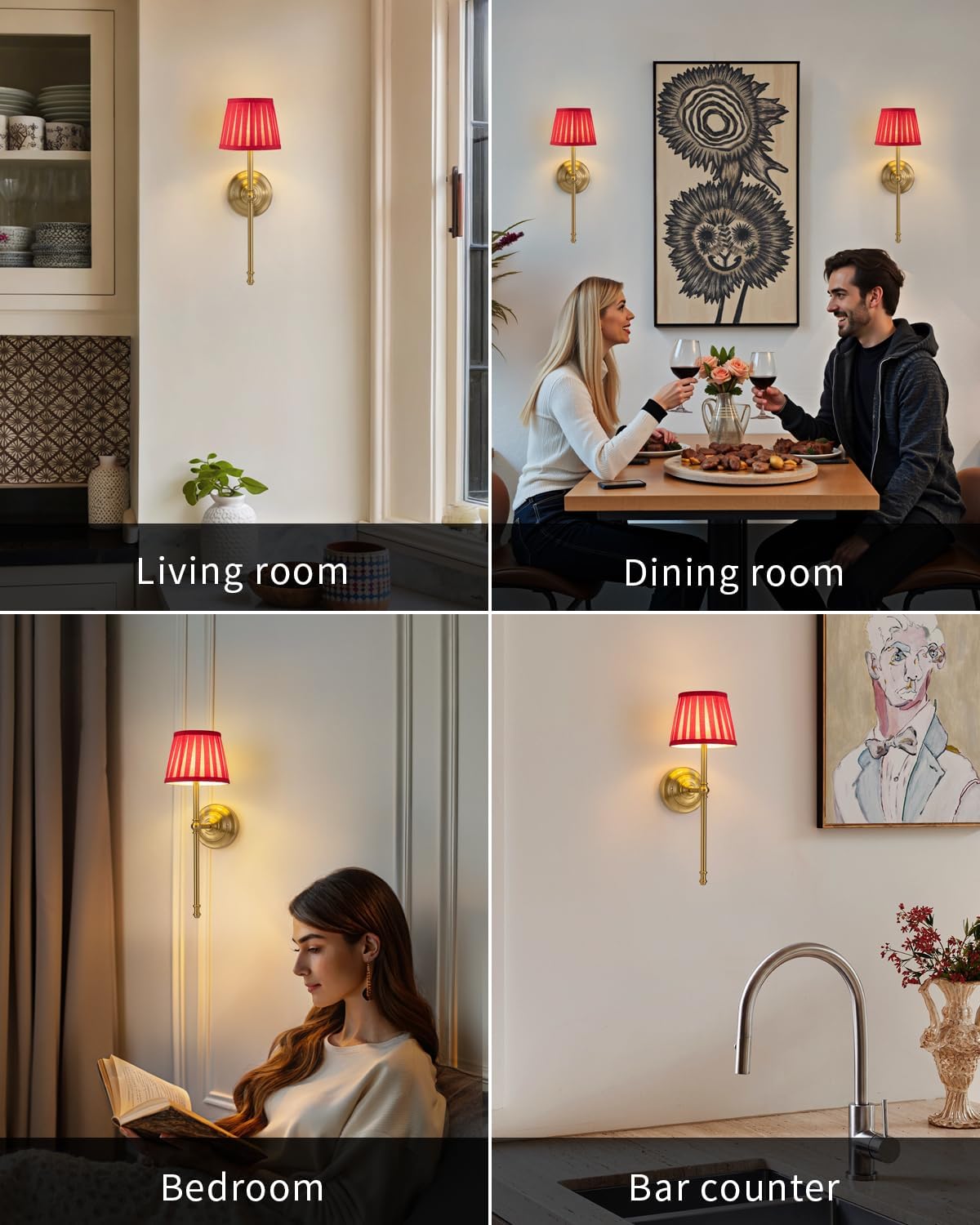 KDG Gold Cordless Wall Sconces Set of 2, Red Fabric LED Wall Lamps | Wireless Small Rechargeable Battery, Portable