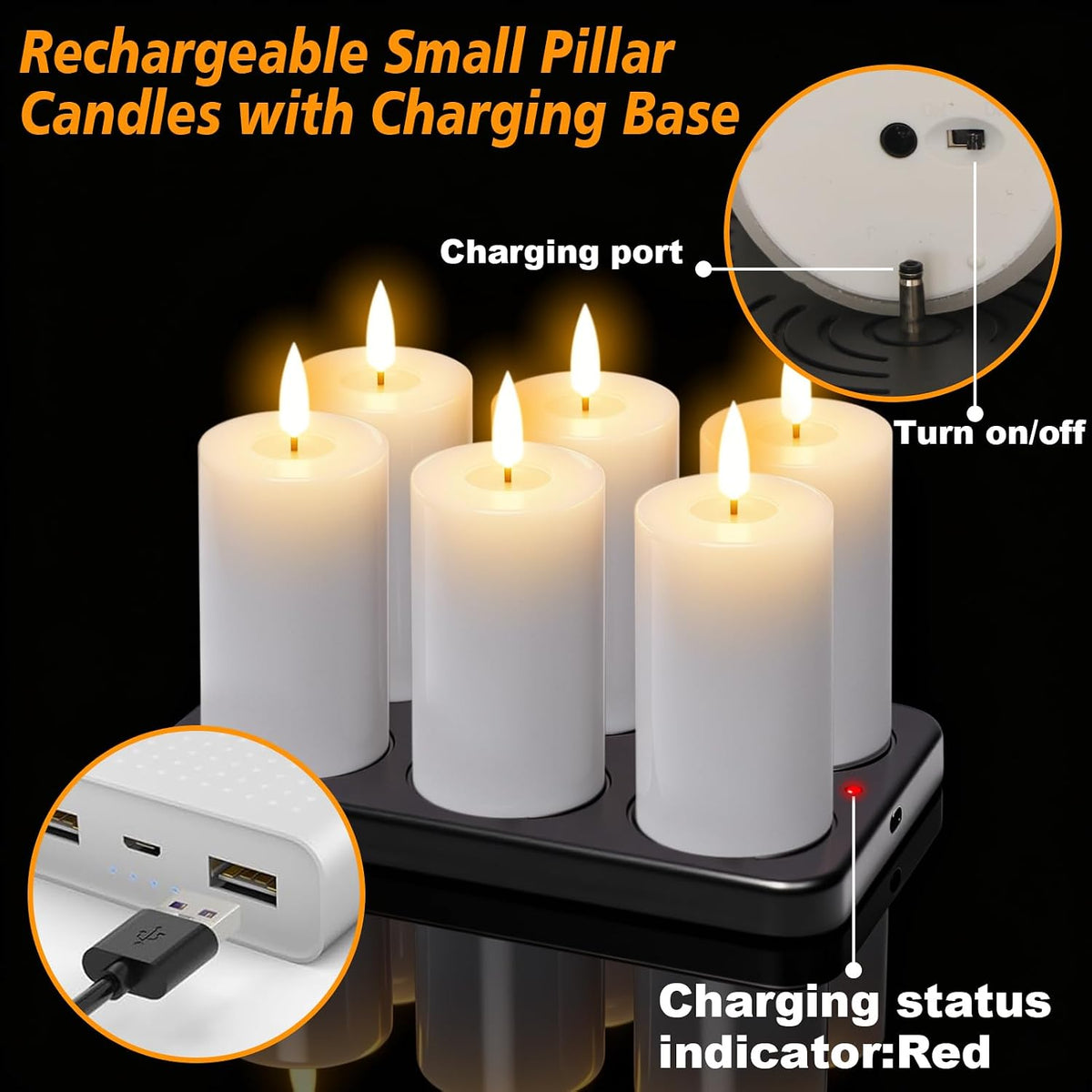 4.5" Rechargeable Flameless LED Pillar Candles with 10-Key Remote and Timer, 6 Pack White Real Wax 3D Wick Flickeing