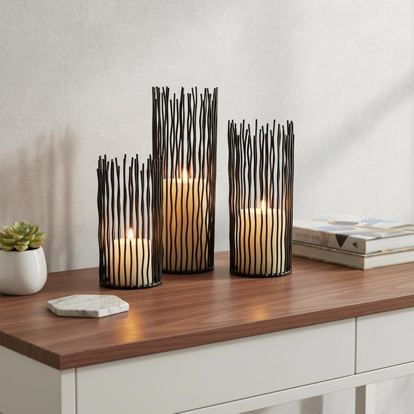 Metal Candle Holders for Pillar Candles - Black Wire Candle Holder Set of 3 | Creative Candlestick Holders for Table
