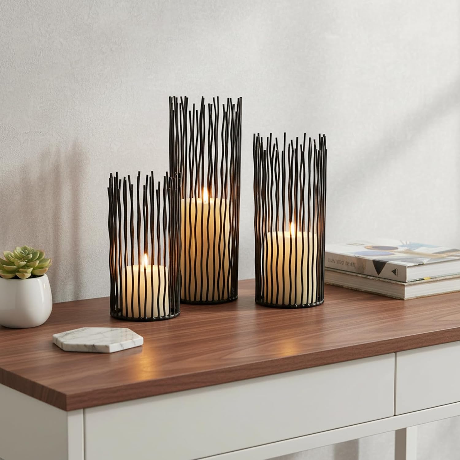 Metal Candle Holders for Pillar Candles - Black Wire Candle Holder Set of 3 | Creative Candlestick Holders for Table