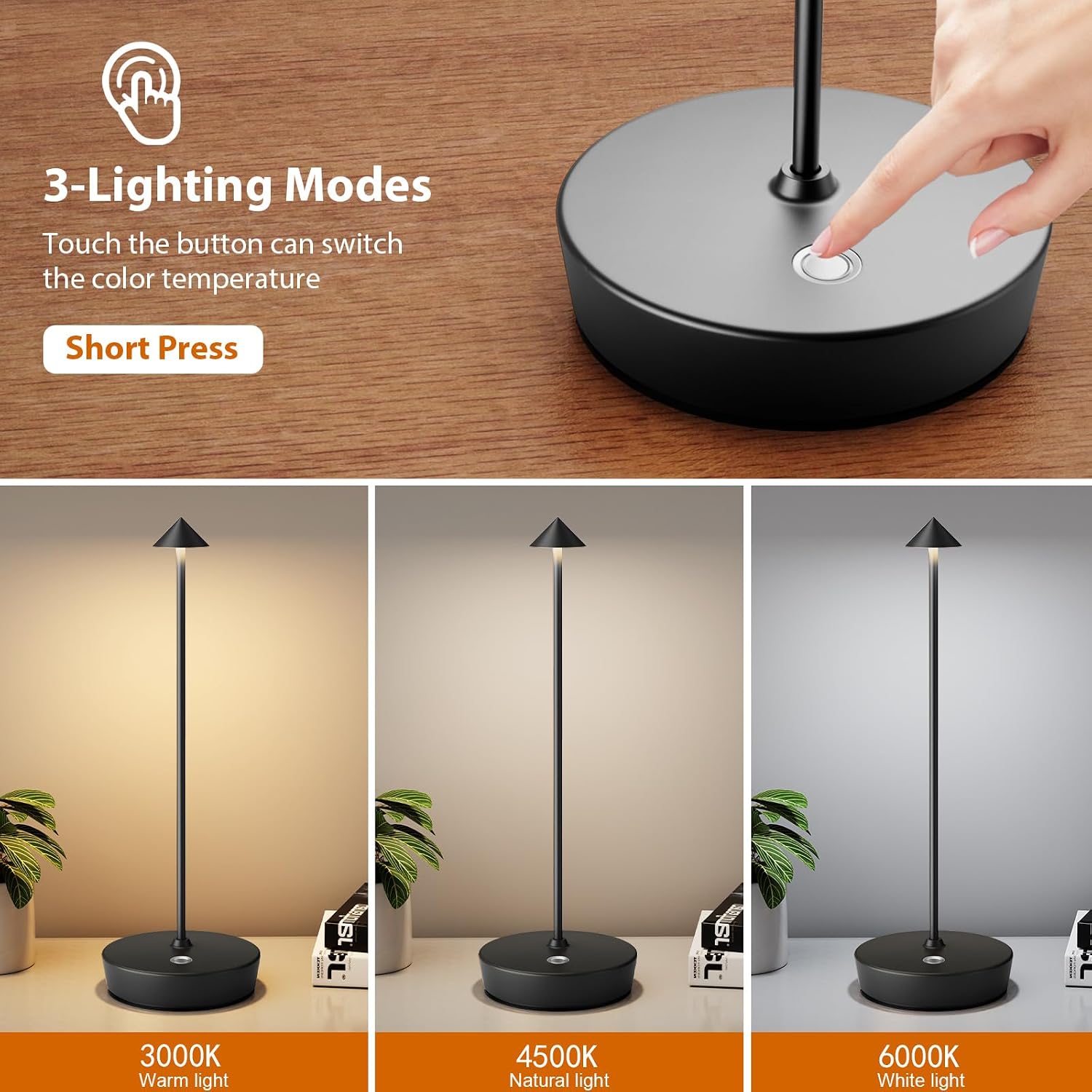 2Pack Rechargeable Cordless Table Lamp, Portable Powered LED Battery 6000mAh Metal USB Desk Lamp, 3 Levels Brightness