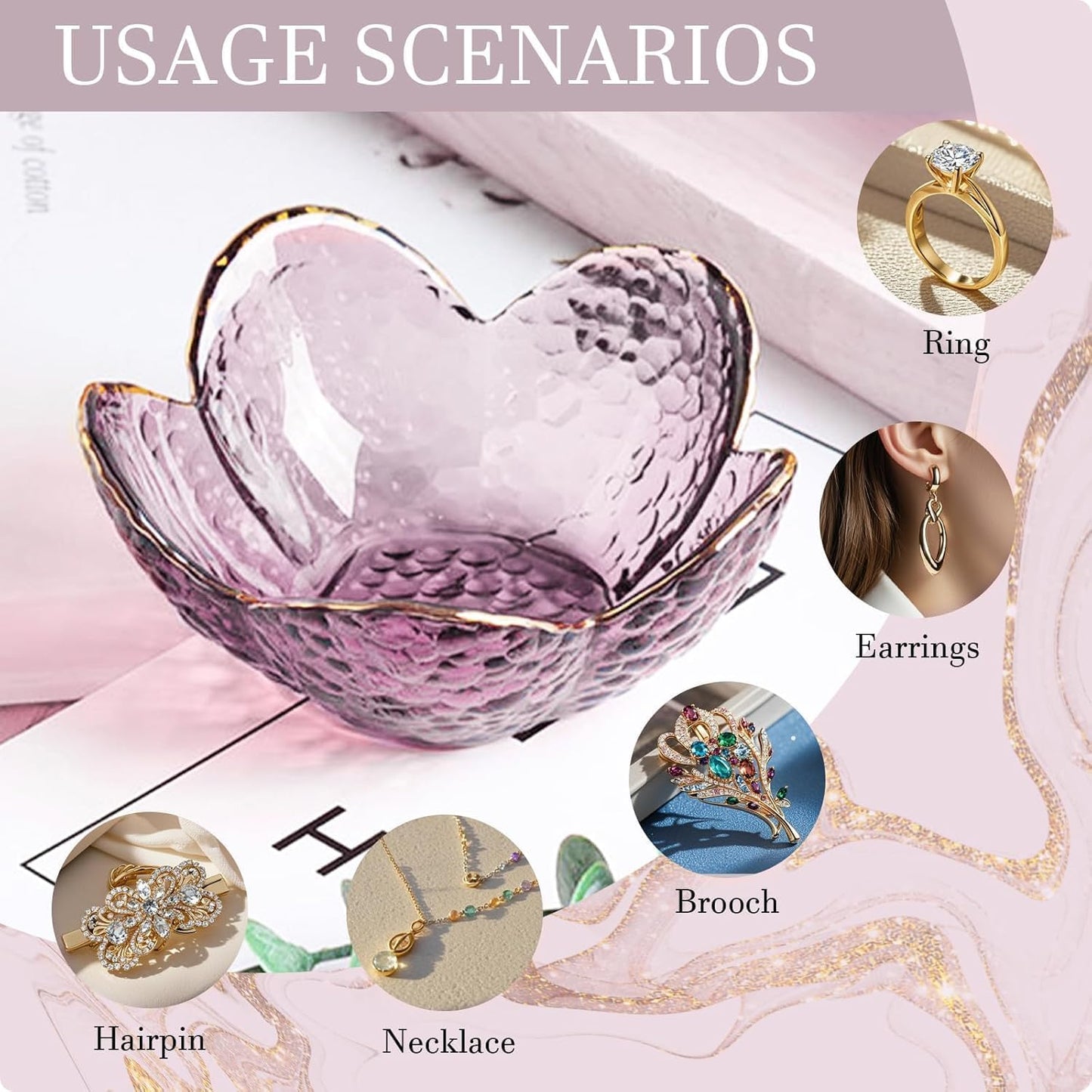 Gifts for Women Purple Flower Jewelry Dish Glass Ring Holder Decorative / Flower Purple / Set of 2