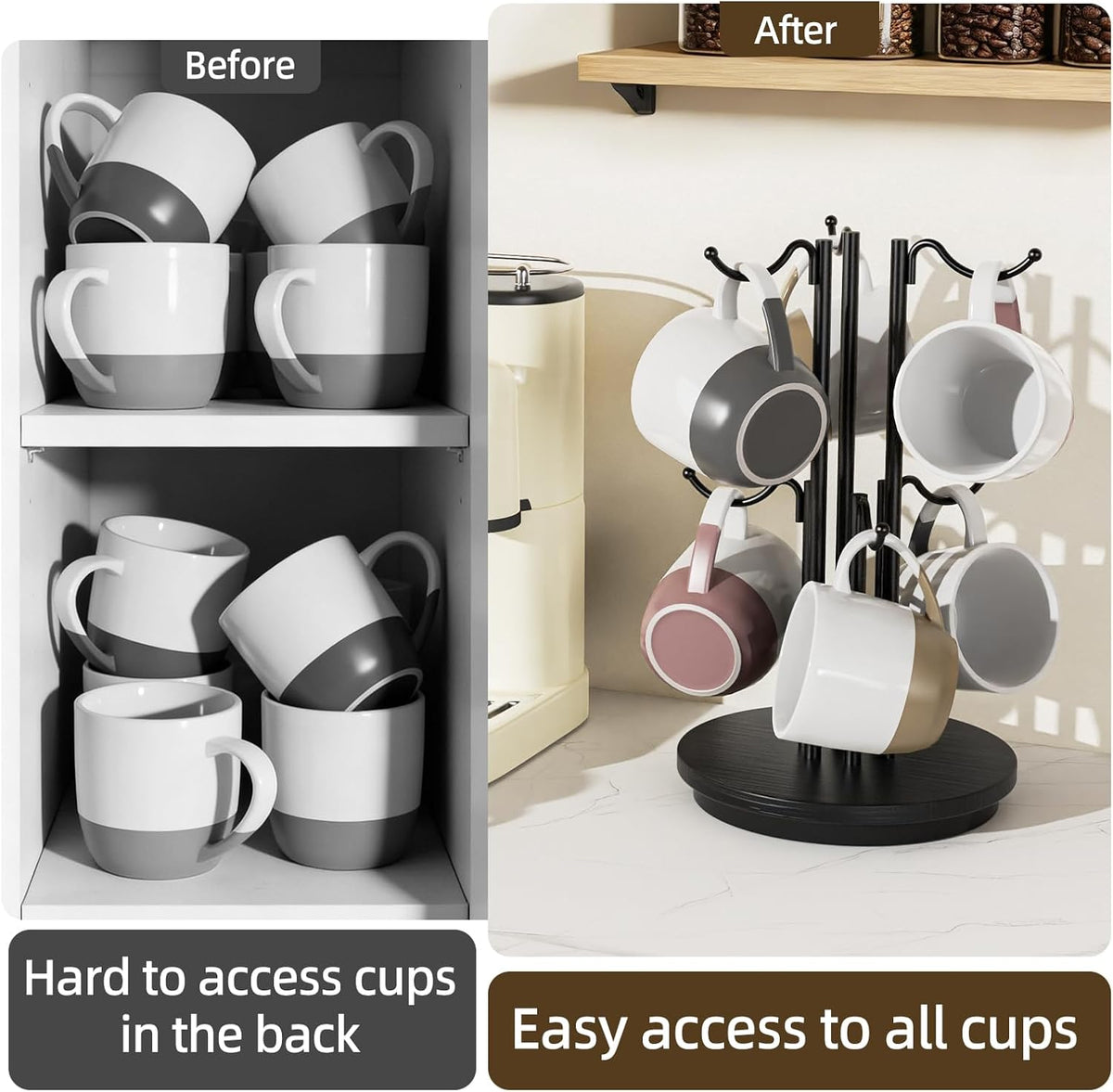 6-Hook 360° Rotating Large Coffee Mug Holder Tree, Wood Base, Black | 360° rotation, 6 mugs (12-16oz), 5.7" spacing