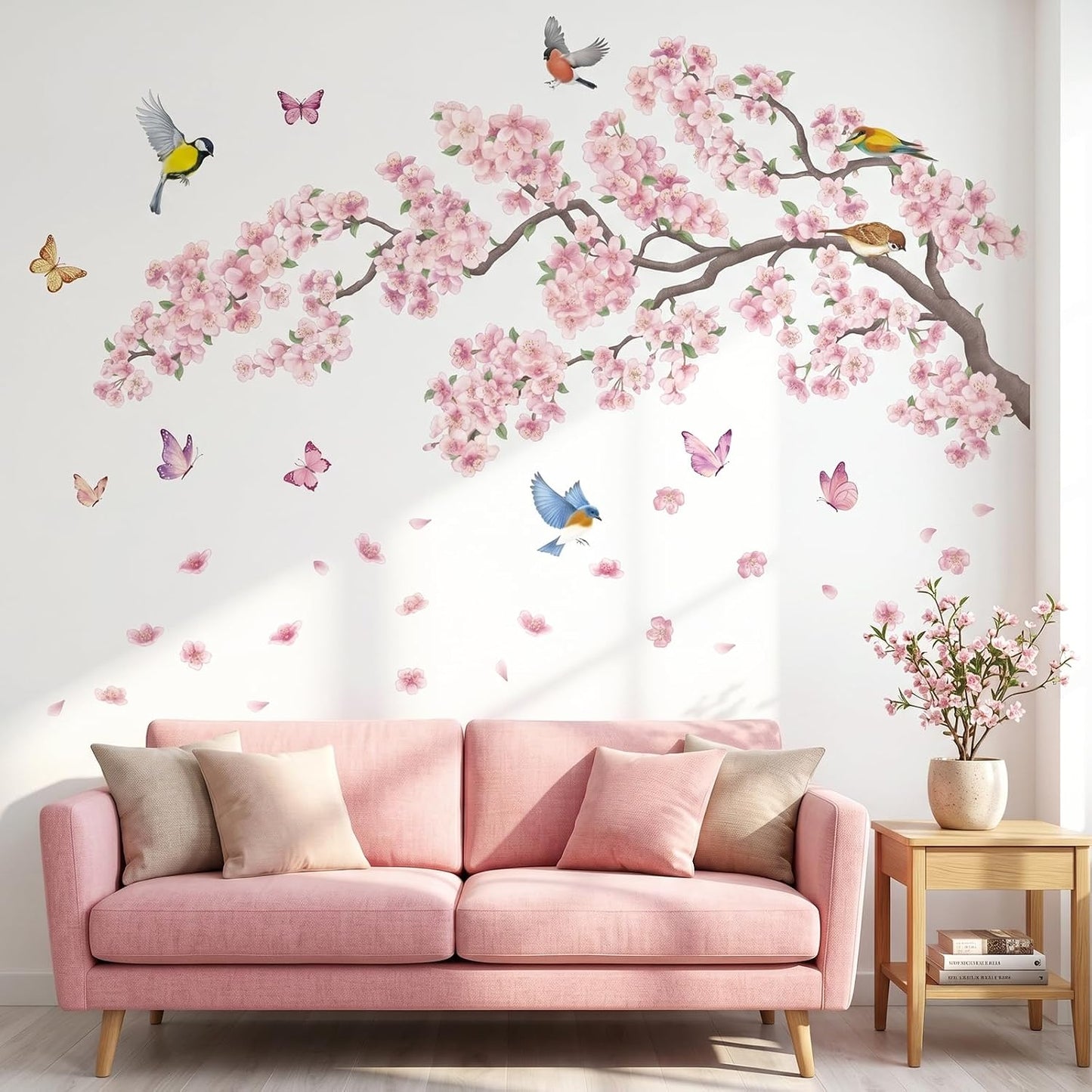 SG2-2427 and Bird Wall Stickers Cherry Blossom Tree Branch Decals Bedroom Living Room / Pink Flowers