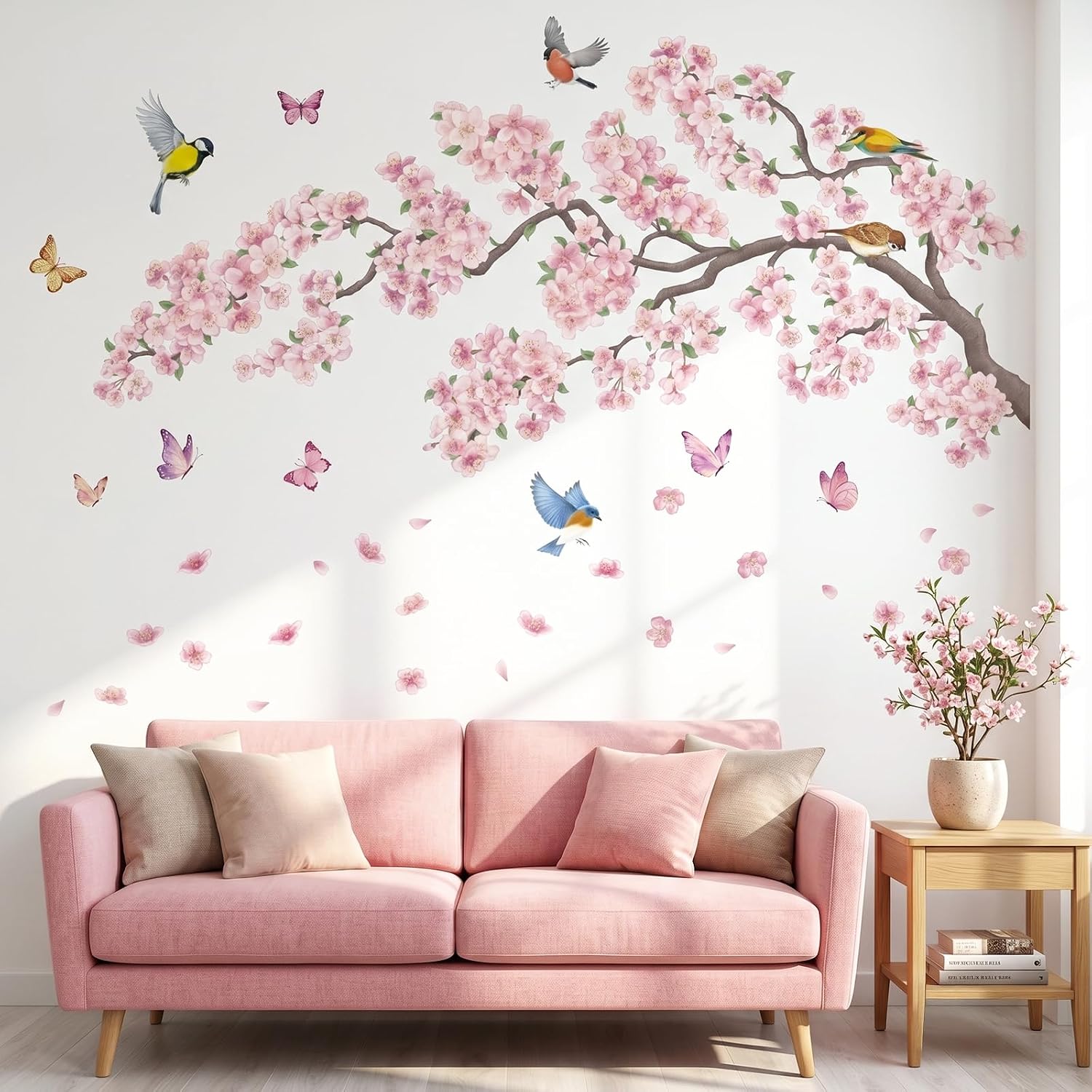 SG2-2427 and Bird Wall Stickers Cherry Blossom Tree Branch Decals Bedroom Living Room / Pink Flowers