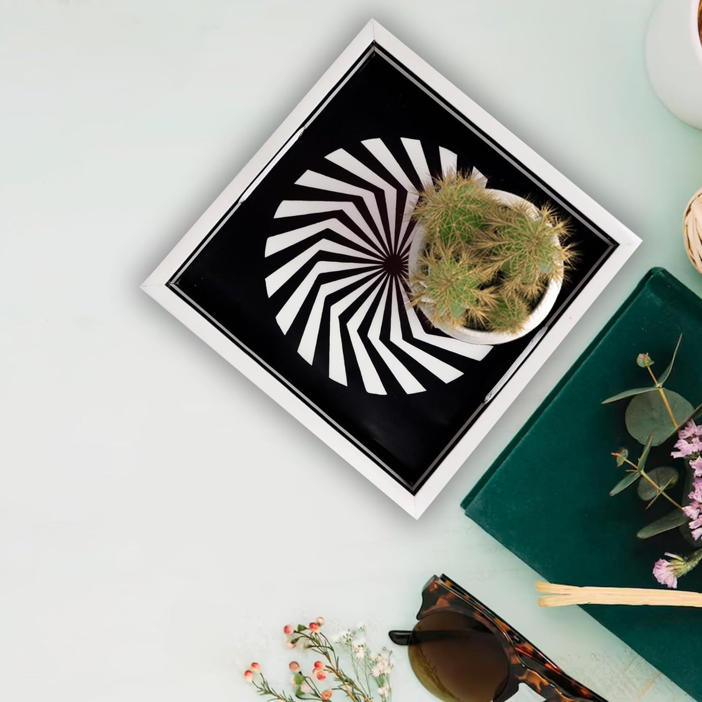 Ottoman Tray / White Decorative Tray / 12 x 12 x 1.5 / Illusion Optic / Black