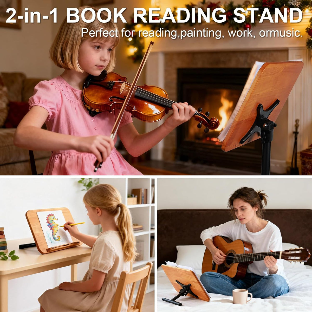 2 in 1 Dual-use Music Stand & Desktop Book Stand, Adjustable Height 16.5"-51", 100% Solid Wood Laptop Floor Stand Book